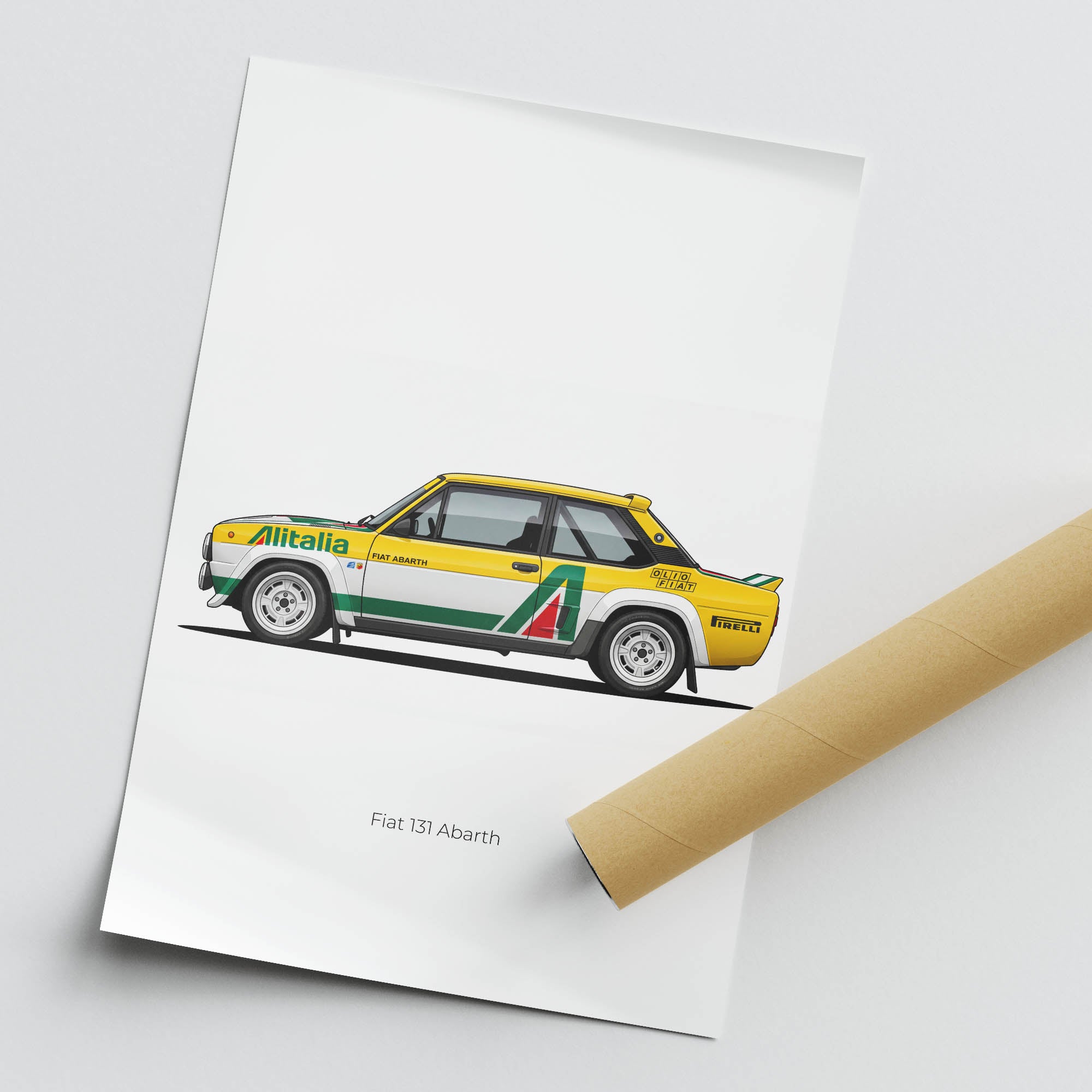Fiat 131 Abarth Poster – 1980 Vintage Rally Car Yellow White Livery Print