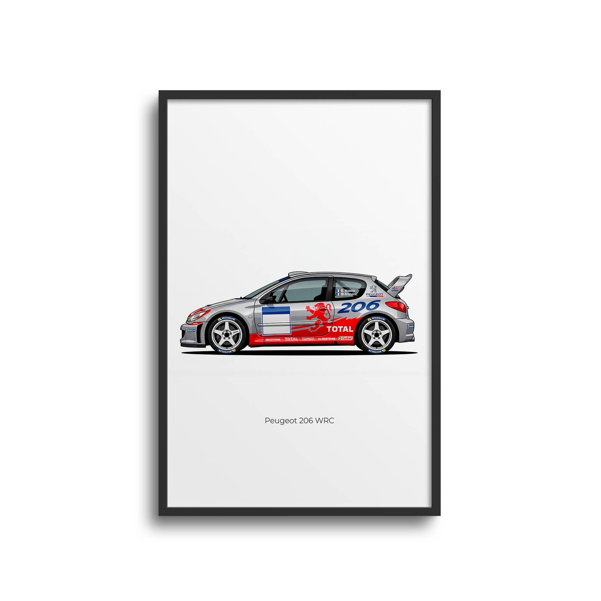 Peugeot 206 Poster – 2002 Silver Rally Car Print With Red Lion Livery Art