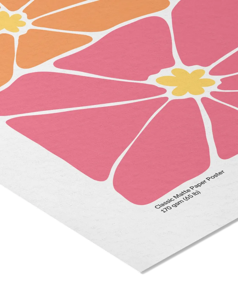 The image is a poster featuring a large, colorful flower design with pink and orange petals.