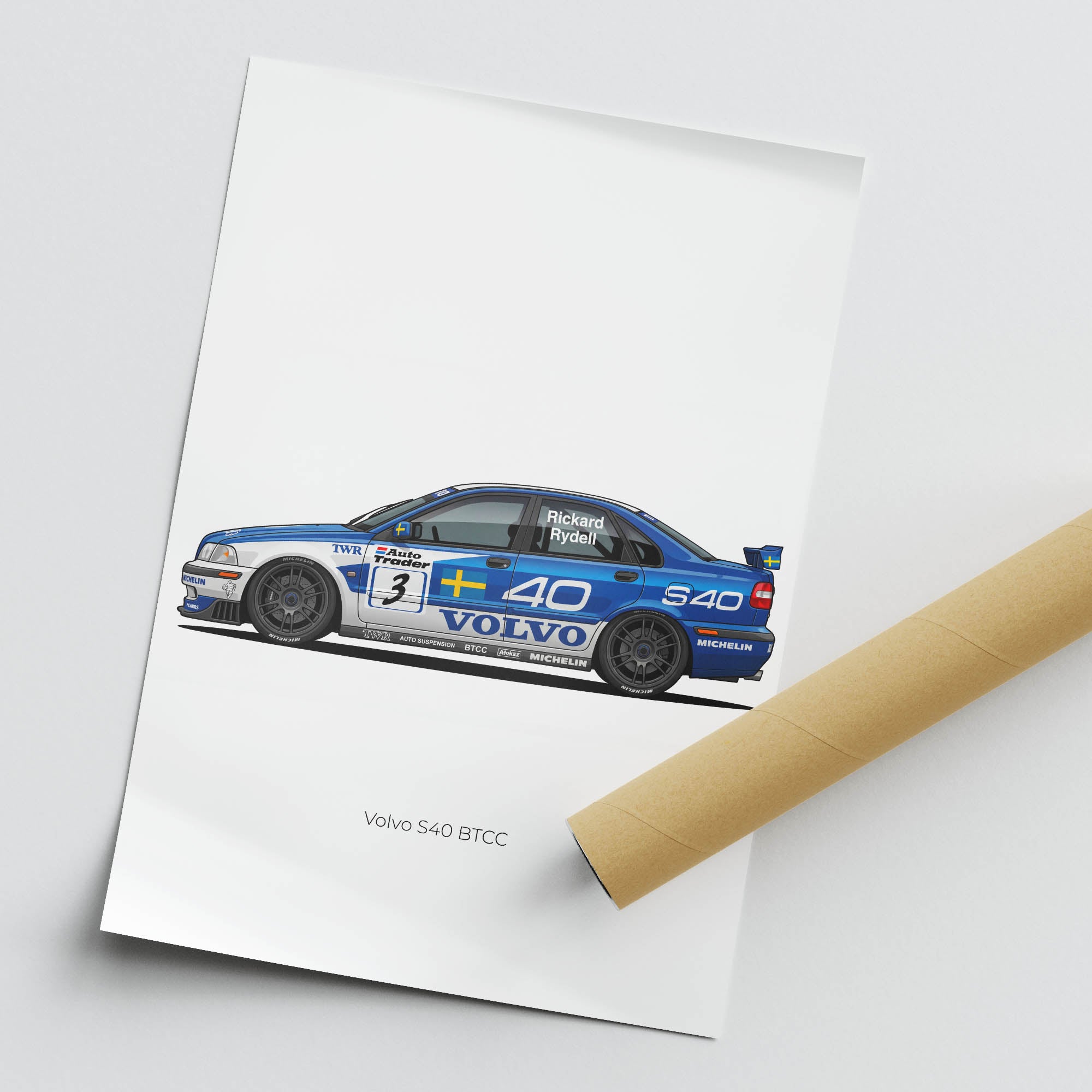 Volvo S40 Poster – 1998 BTCC Race Car Print With Blue White Livery Side View