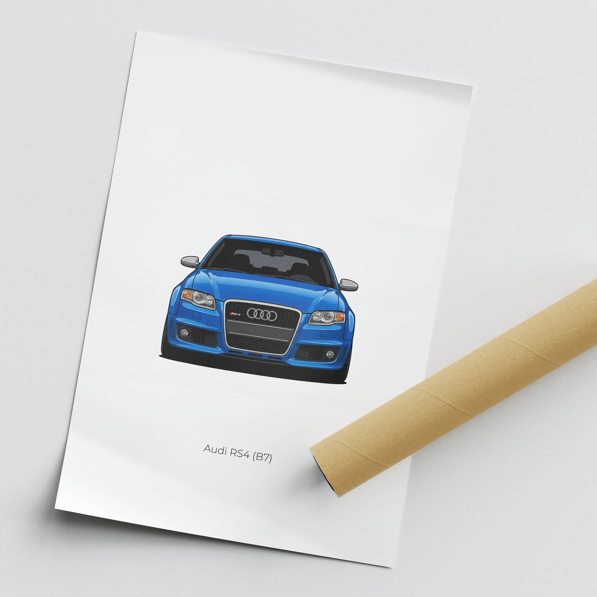 Audi RS4 B7 Poster – 2006 Sprint Blue Front View Car Wall Art Print
