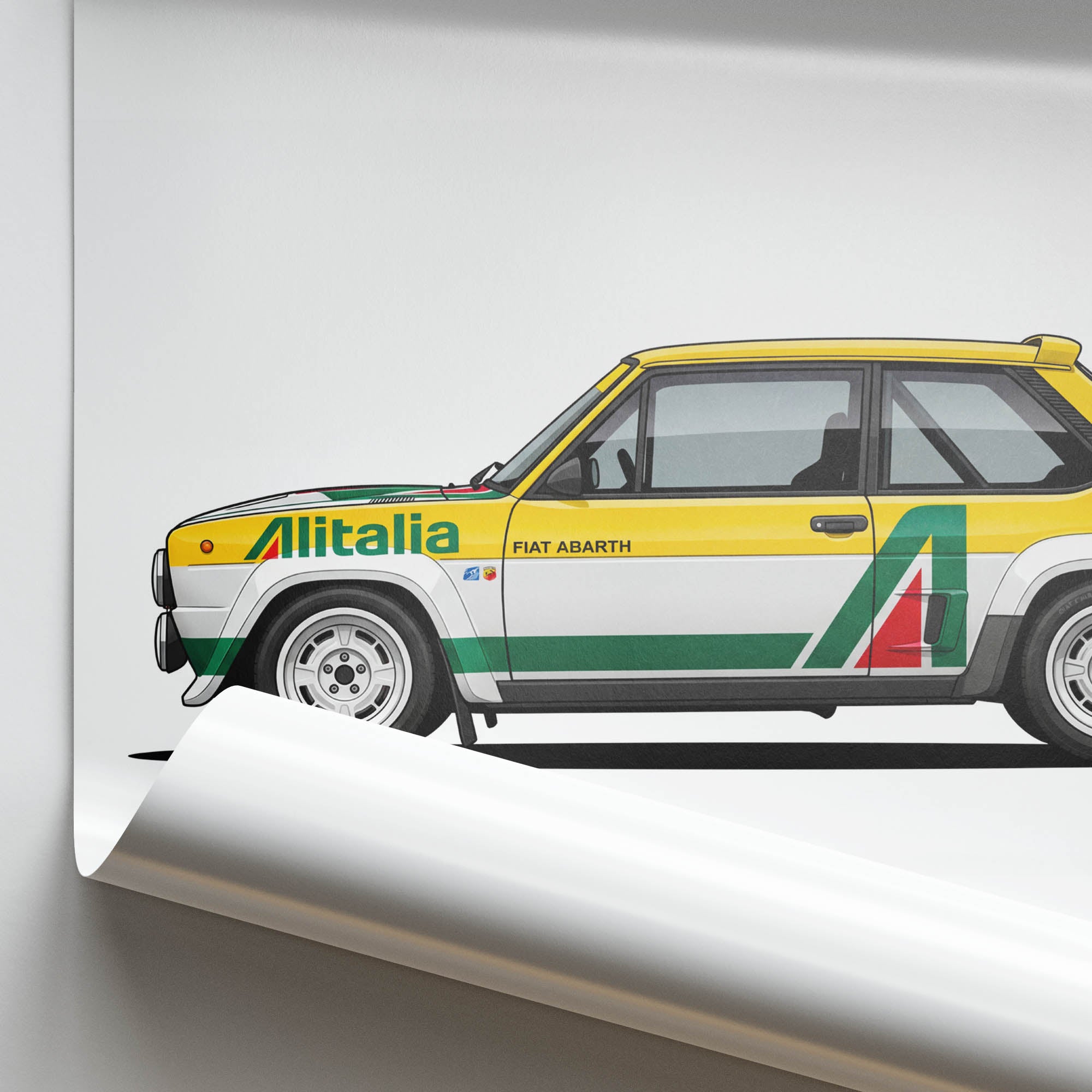 Fiat 131 Abarth Poster – 1980 Vintage Rally Car Yellow White Livery Print