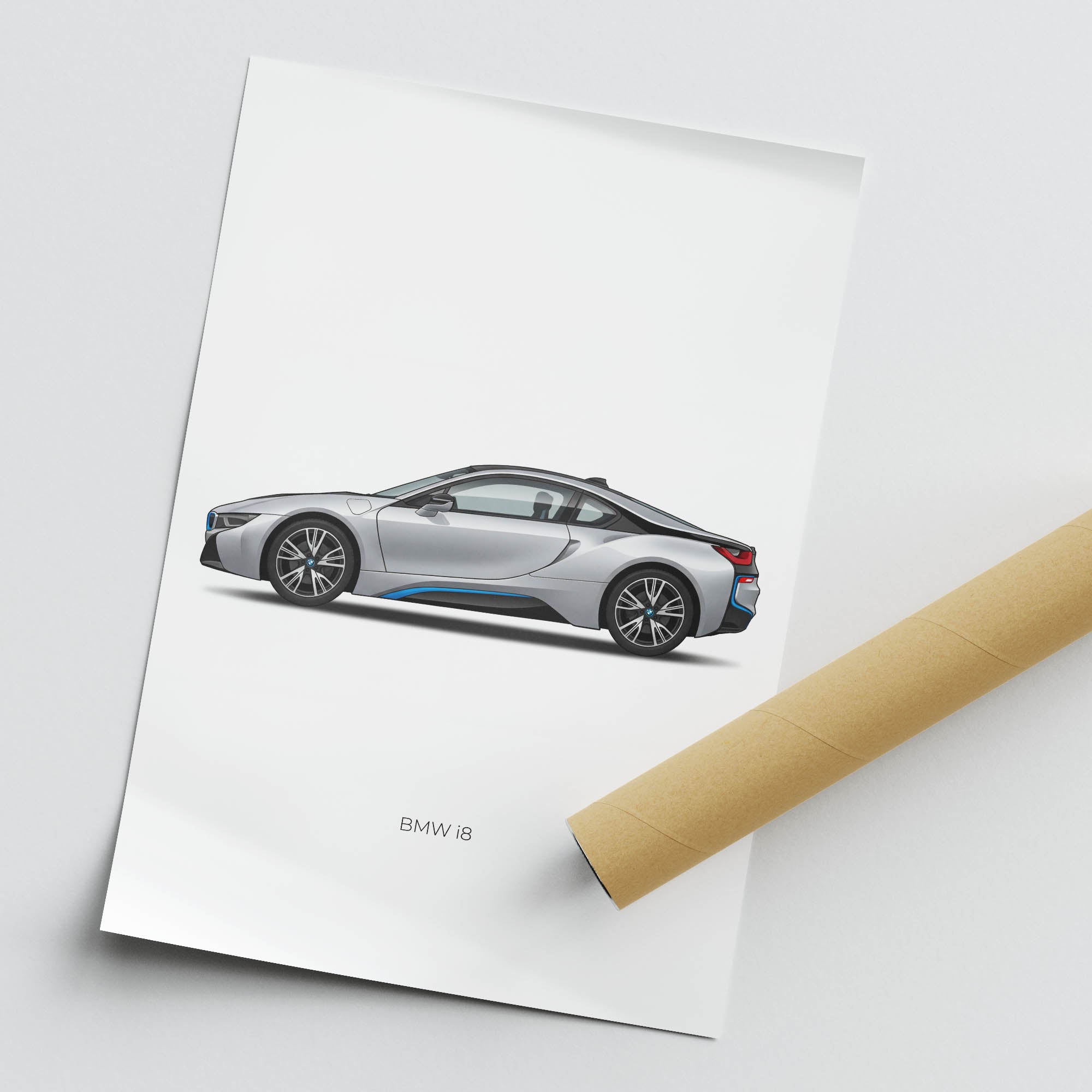 BMW i8 Poster - 2014 Ionic Silver Sports Car Art With Blue Accent Design