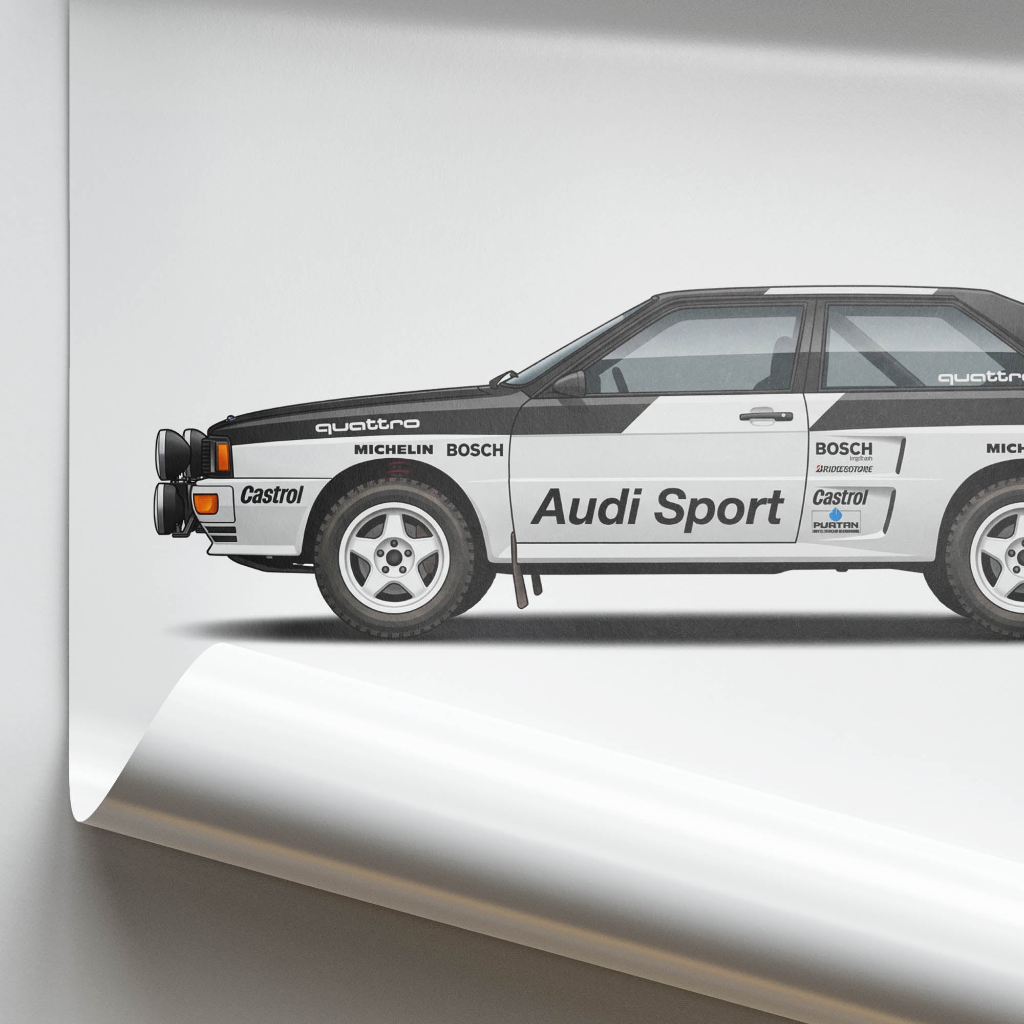 Audi Quattro Poster – 1981 Group 4 Rally Car White Black Livery Print