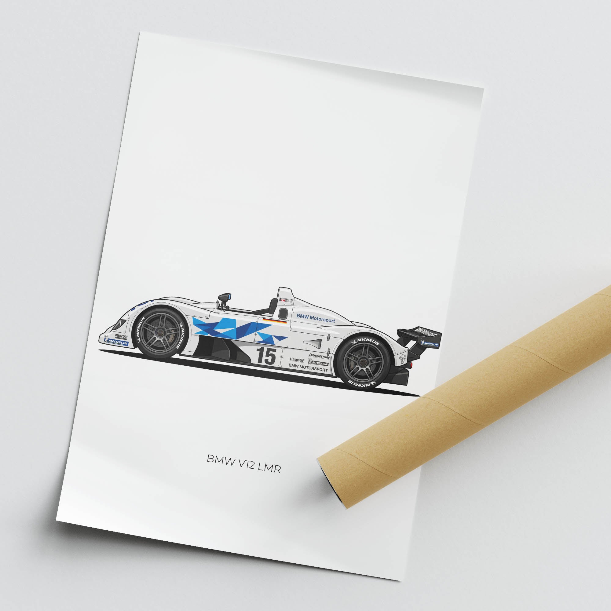 BMW V12 LMR Poster – 1999 White Race Car Print with Blue Geometric Livery