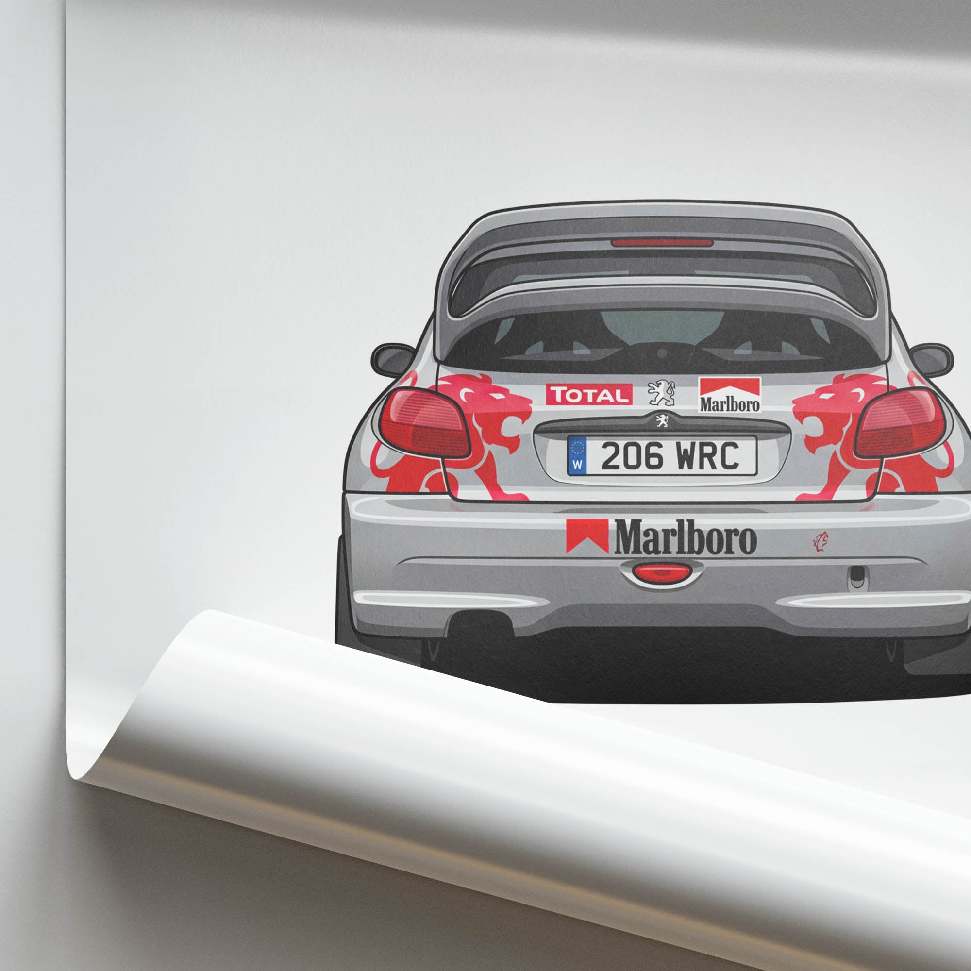 Peugeot 206 Poster - Silver 2002 Rally Car Print With Red Lion Livery Back View