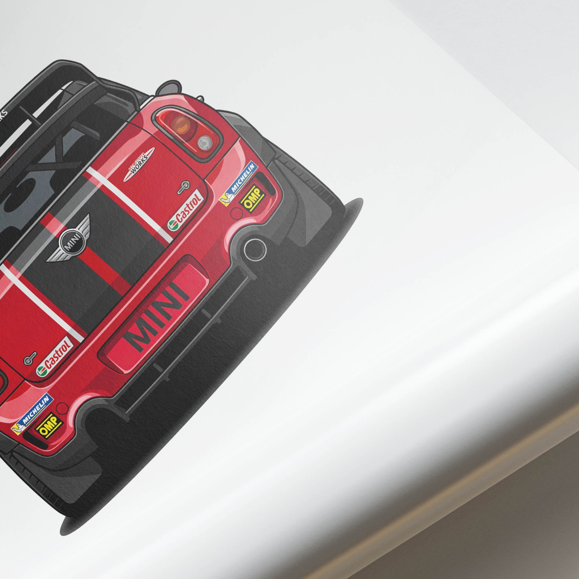 Mini John Cooper Works Poster - 2011 Red Black Car Racing Back View Print