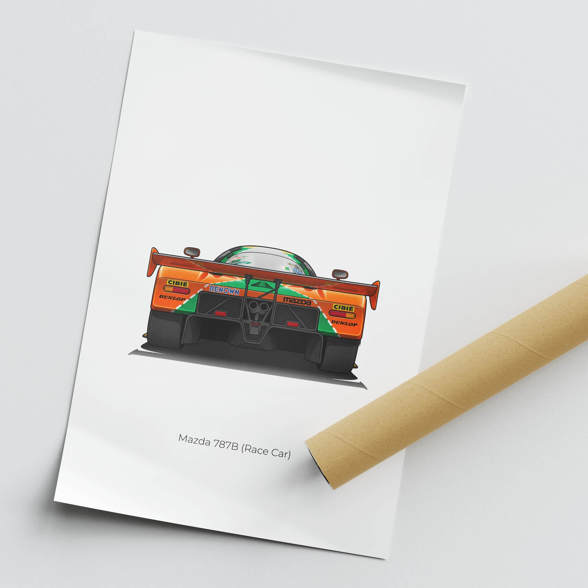 Mazda 787B Poster – 1991 Classic Race Car Art | Orange Green Motorsport Print
