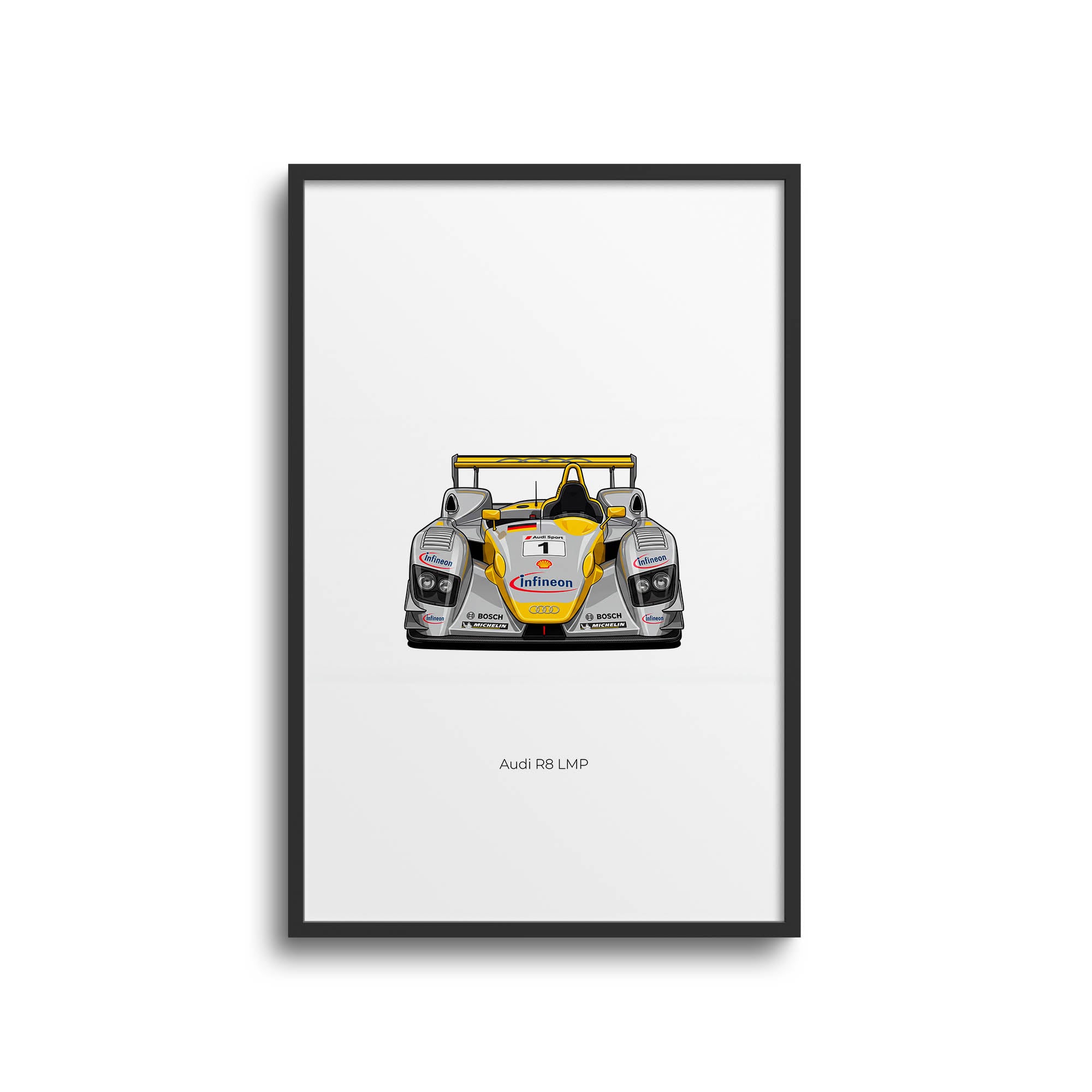 Audi R8 LMP Poster - 2001 Silver Yellow Livery Race Car Front View Print