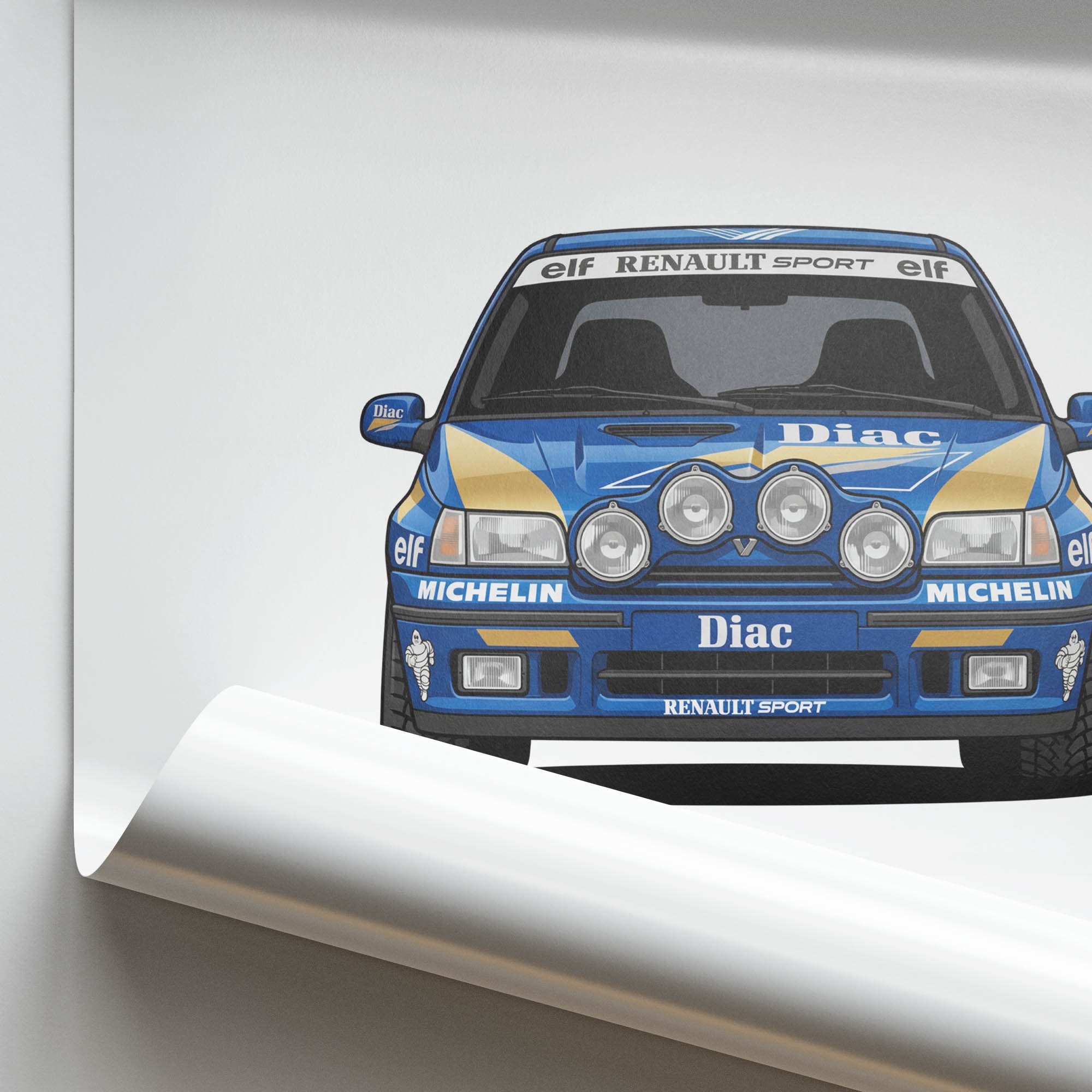 Renault Clio Williams Poster - 1993 Diac Blue Gold Livery Front View Print
