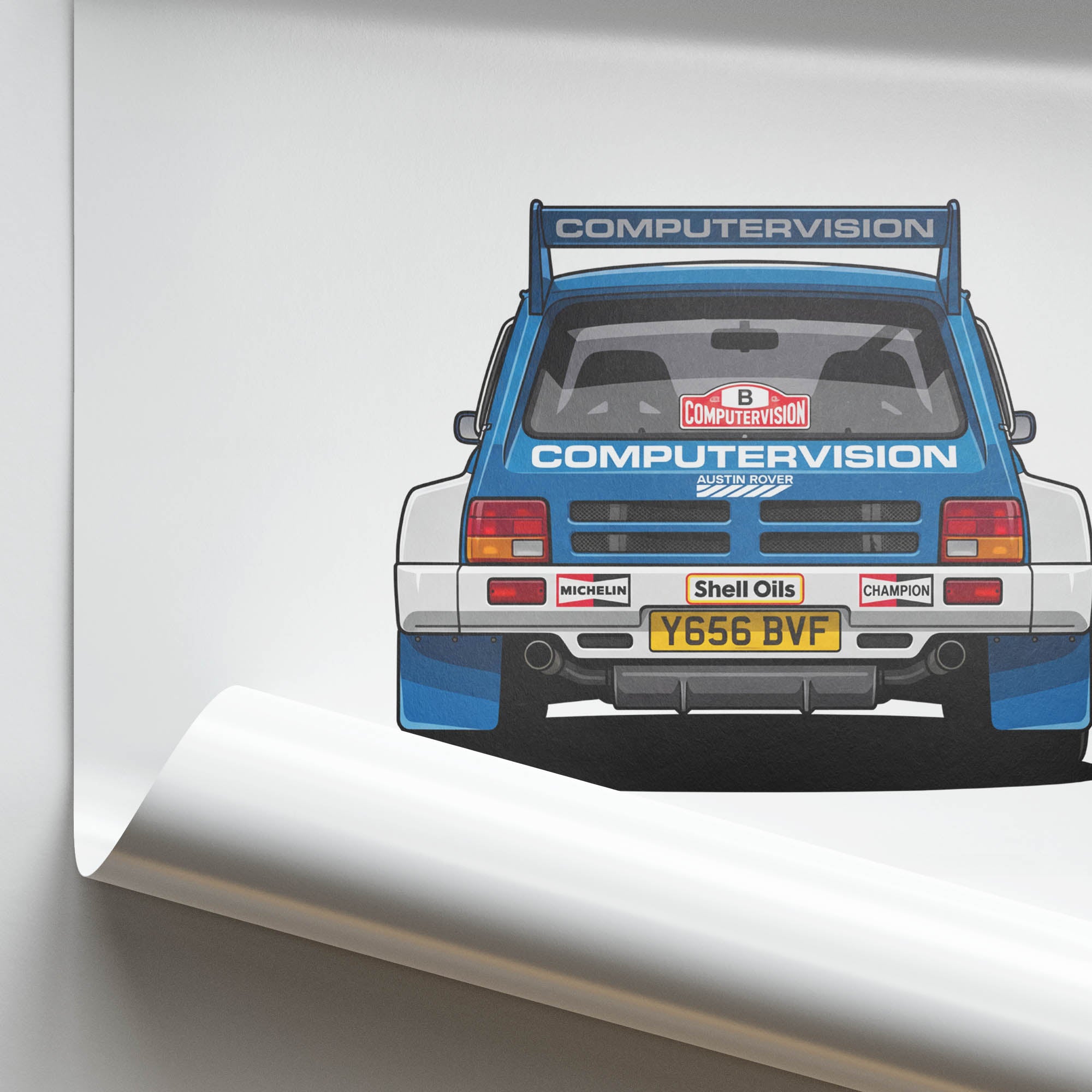 Mg Metro 6R4 Poster - 1986 Rally Car Print With White Blue Livery Artwork