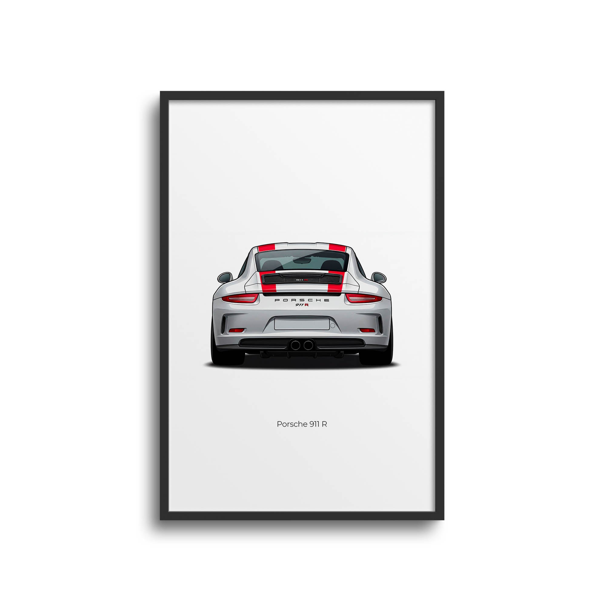 Porsche 911 Poster – 2016 White Car Wall Art With Red Racing Stripes Back View