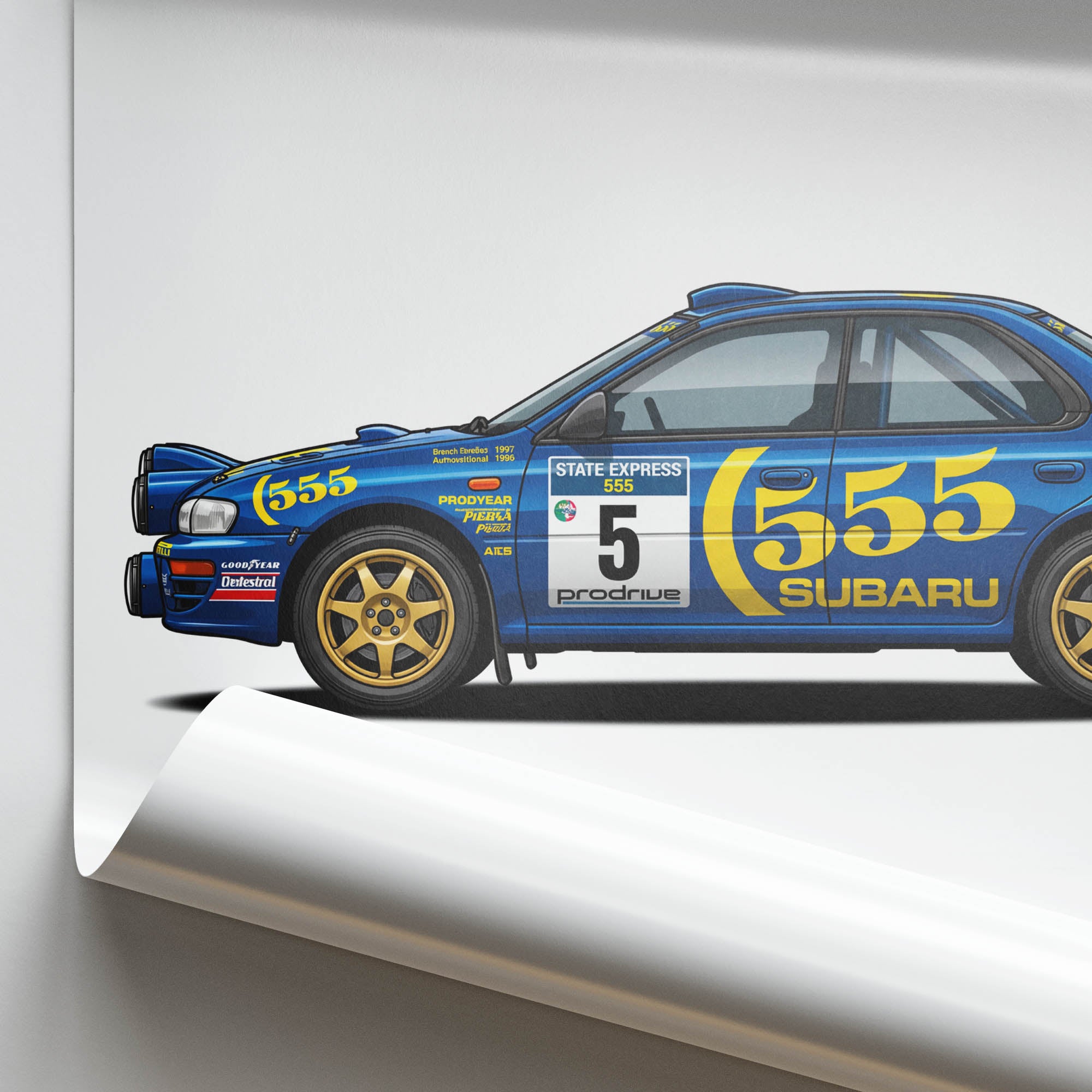 Subaru Impreza Poster – 1995 Rally Car Print With Blue Yellow Livery Side View