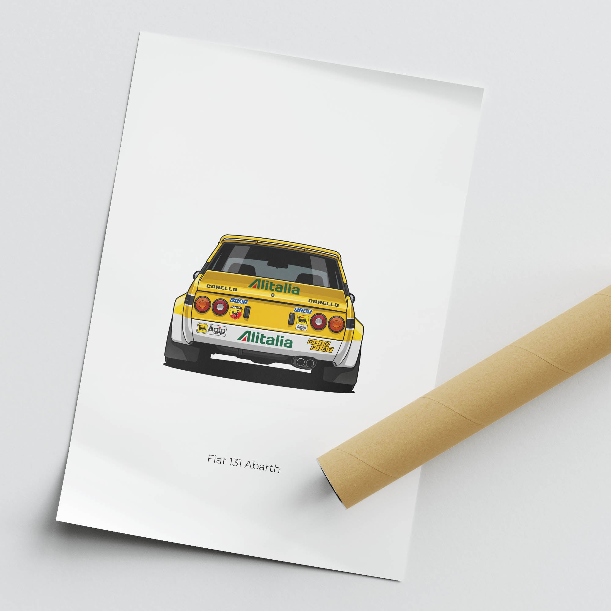 Fiat 131 Abarth Poster – Vintage Rally Print With Alitalia Yellow White Livery