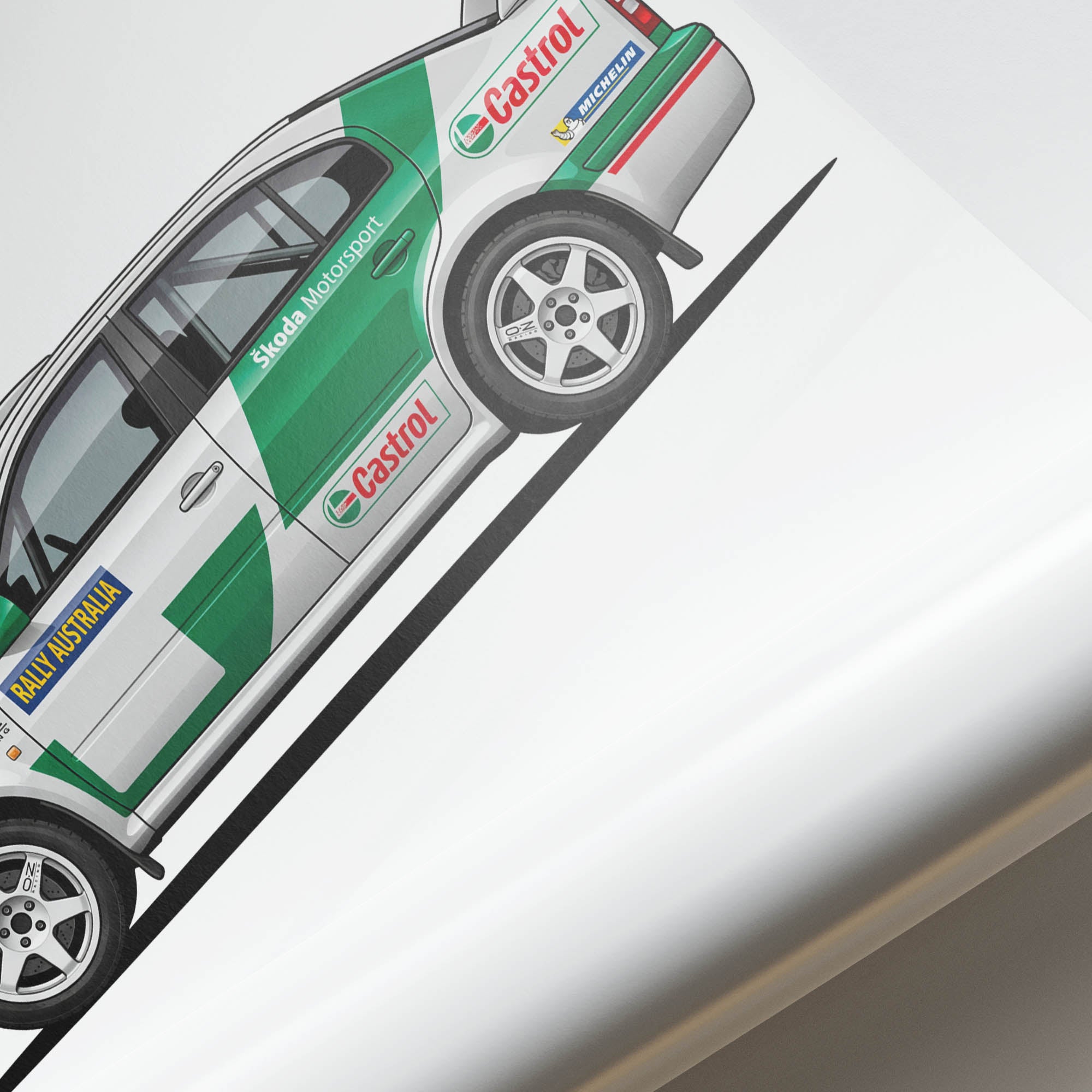 Skoda Octavia Poster - 2001 Motorsport Wall Art | White Green Livery Rally Print