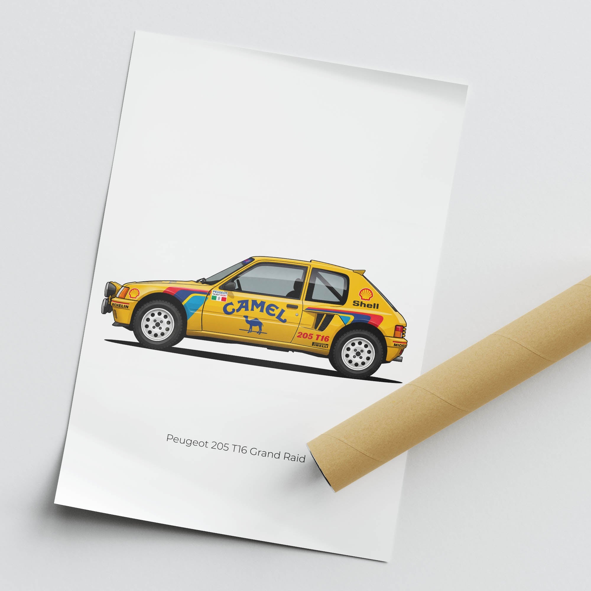 Peugeot 205 T16 Poster - 1987 Dakar Rally Car Wall Art | Camel Yellow Livery