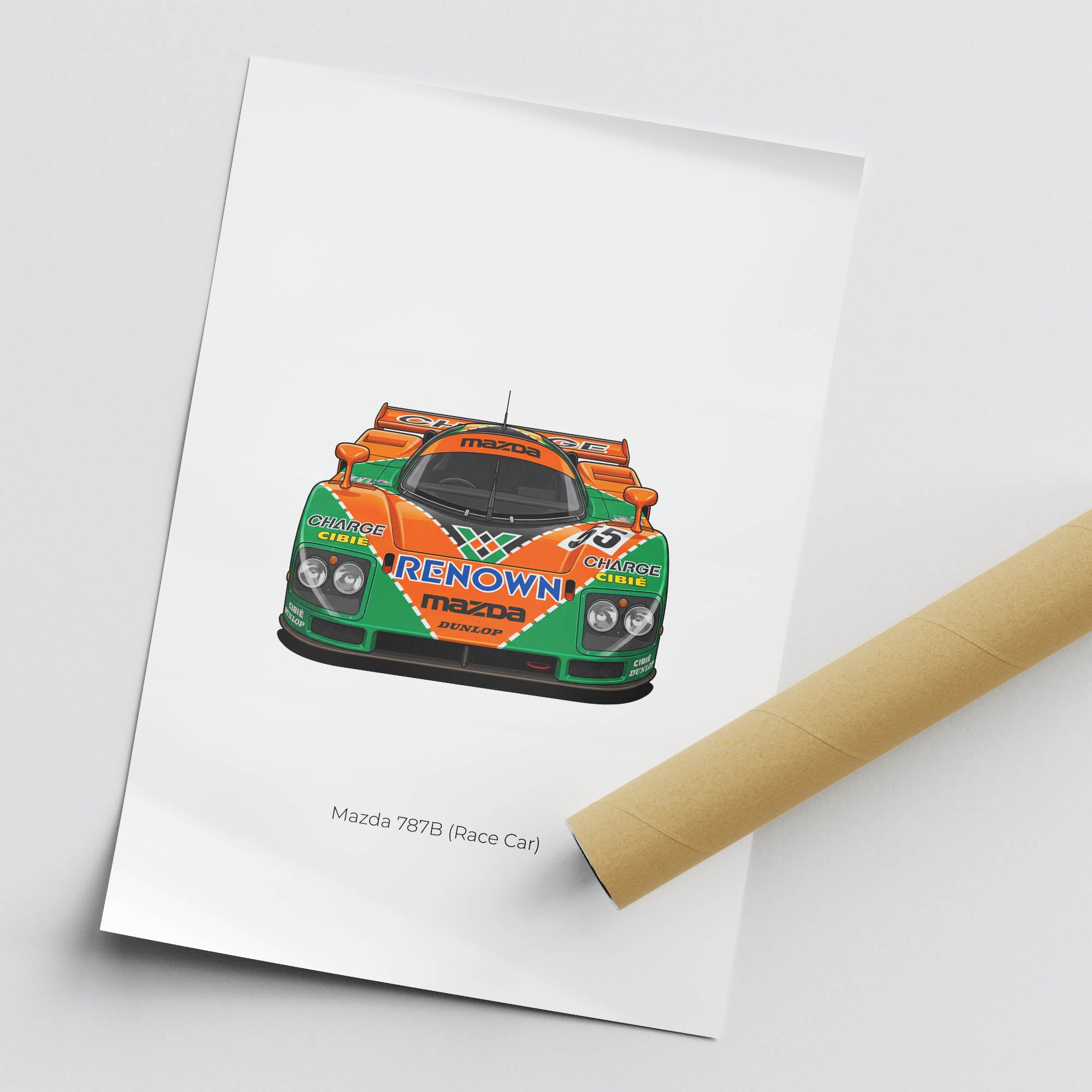 Mazda 787B Race Car 1991 Vintage Racing Poster - Orange Green Motorsport Art