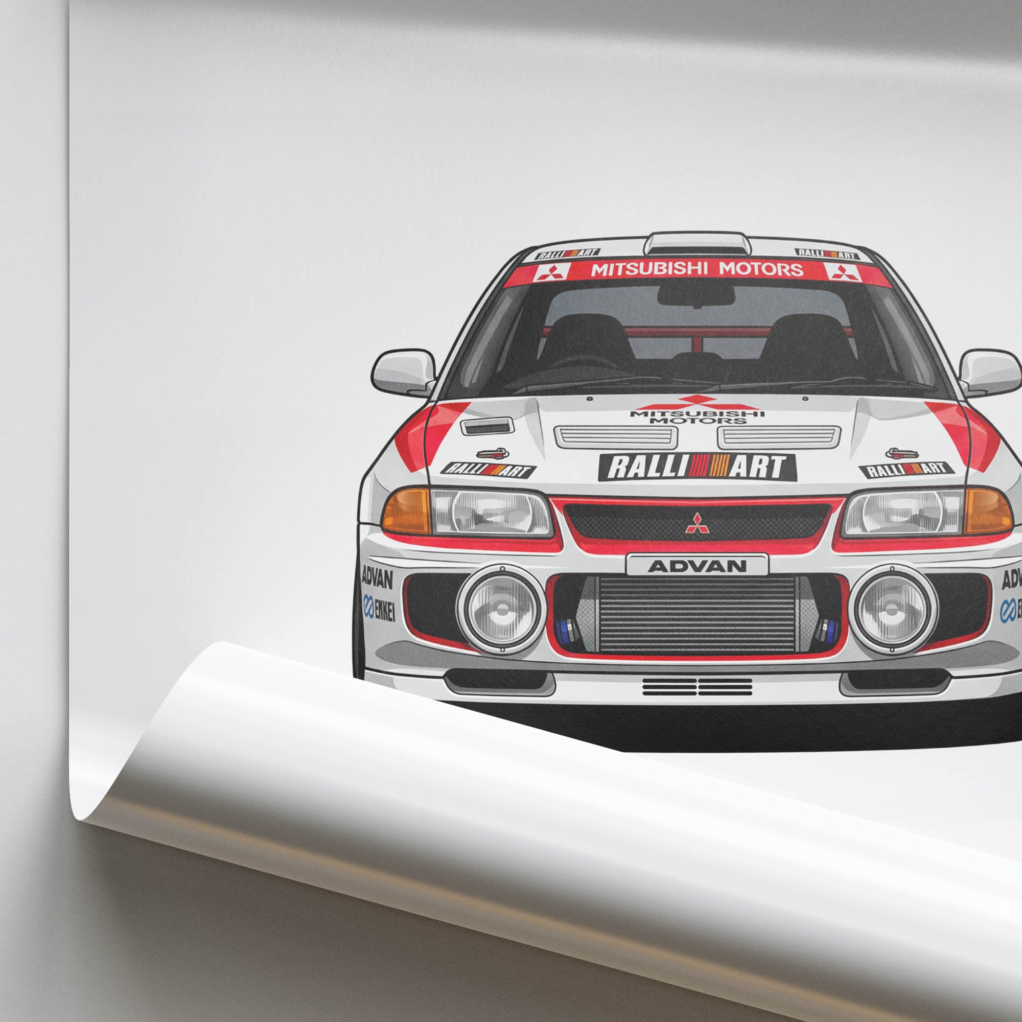 Mitsubishi Lancer Evolution 1996 Ralliart Poster - White Red Livery Rally Art Print