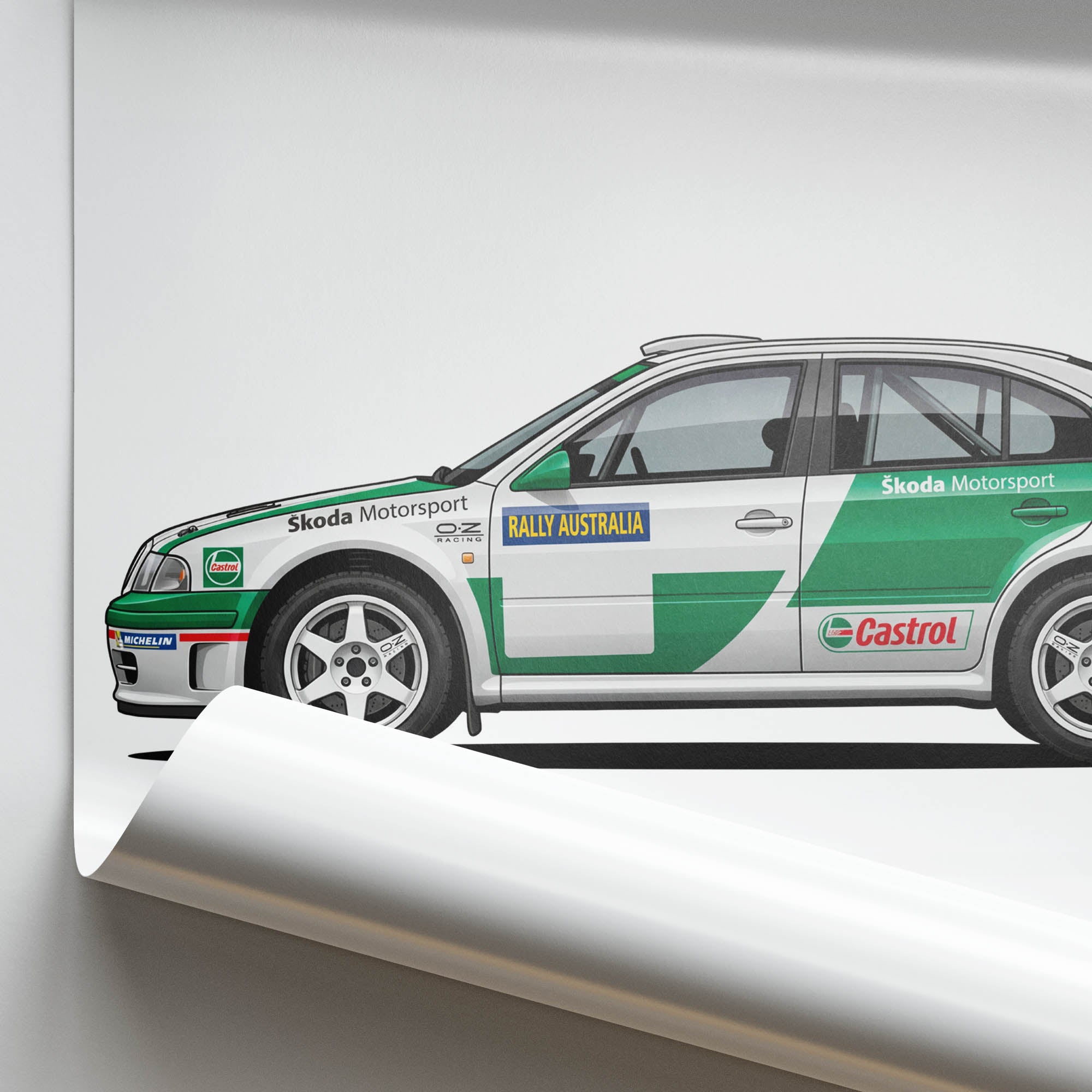 Skoda Octavia Poster - 2001 Motorsport Wall Art | White Green Livery Rally Print