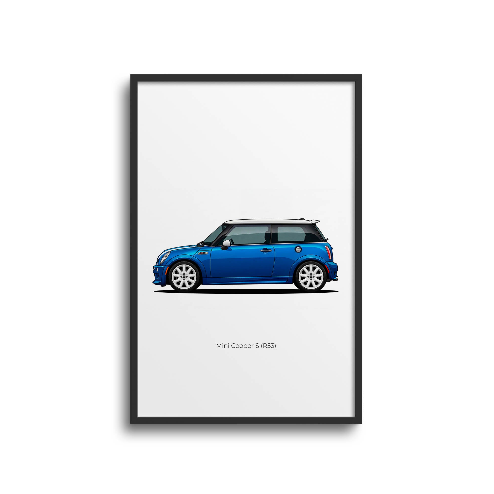 Mini Cooper Poster - 2002 Electric Blue R53 With White Roof Side View Print