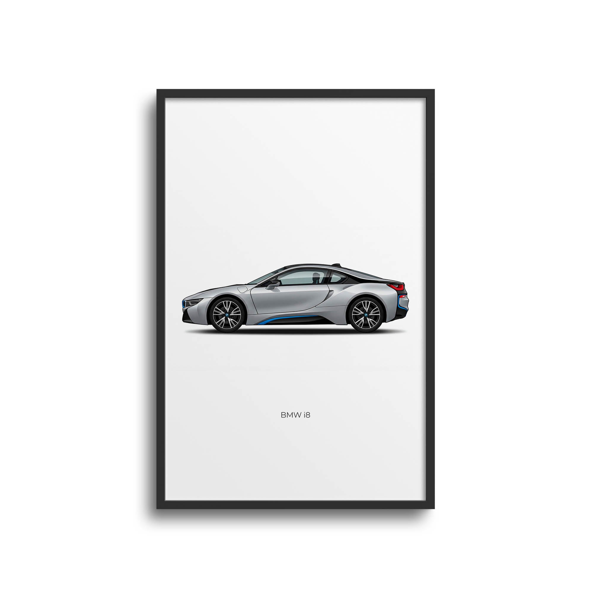 BMW i8 Poster - 2014 Ionic Silver Sports Car Art With Blue Accent Design