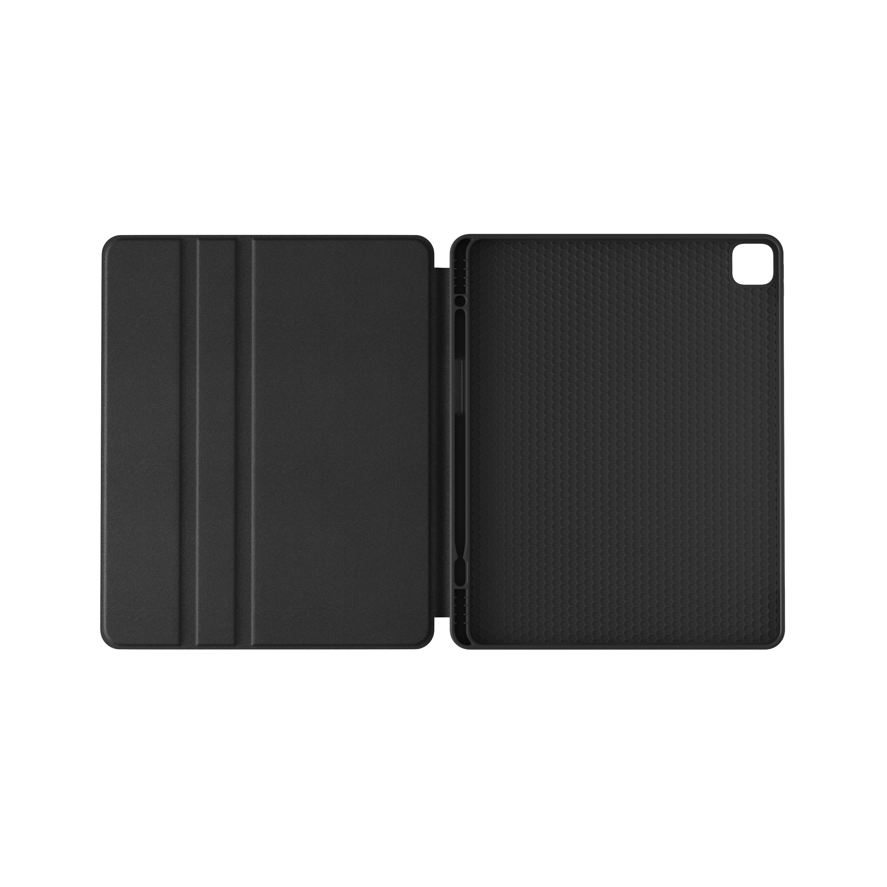 an open black case with a clear interior, likely designed to protect or store an electronic device.