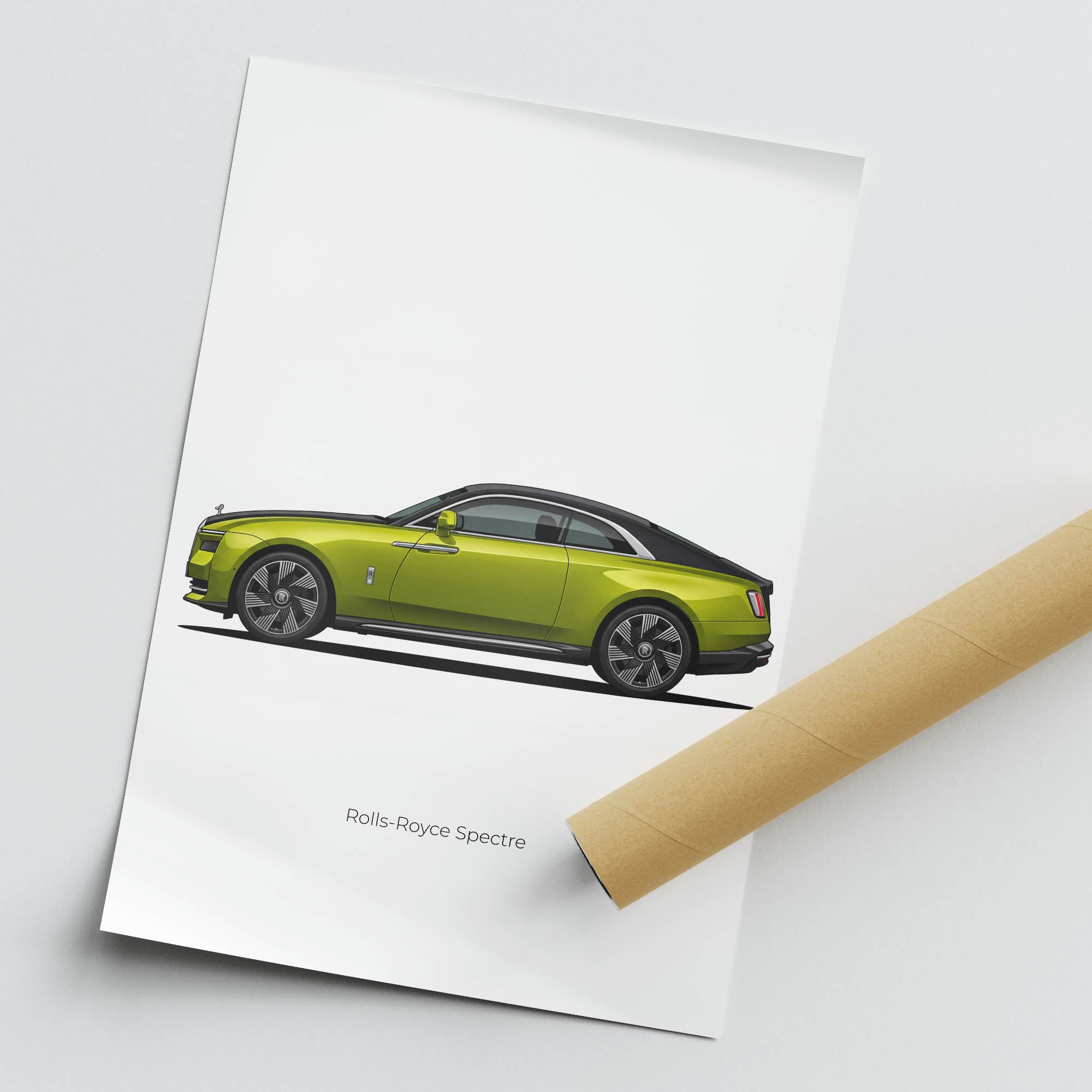 Rolls Royce Spectre Poster - 2024 Luxury Car Side View Print in Green & Black