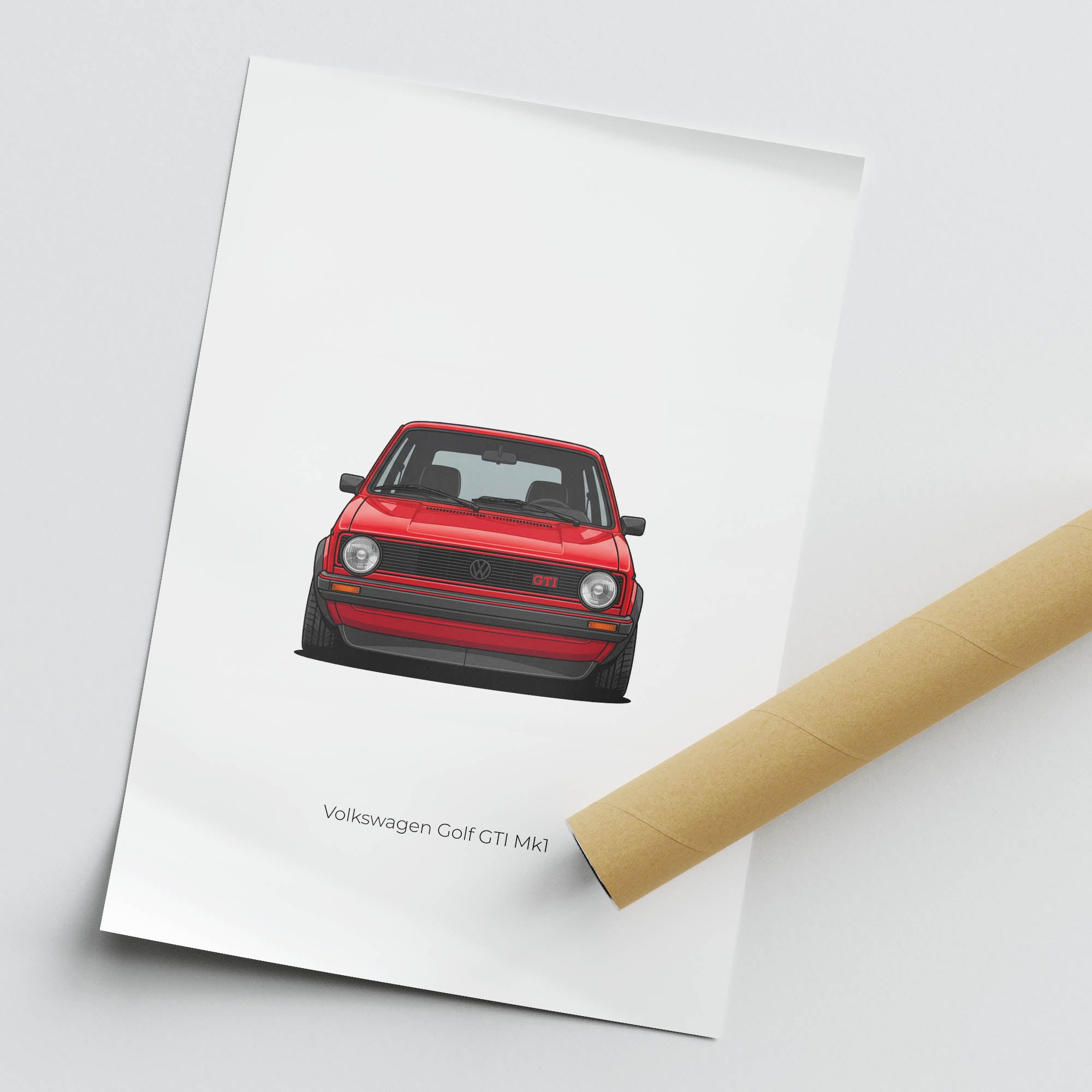 Volkswagen Golf Mk1 Vintage Car Poster - 1976 Mars Red GTI Front View Print
