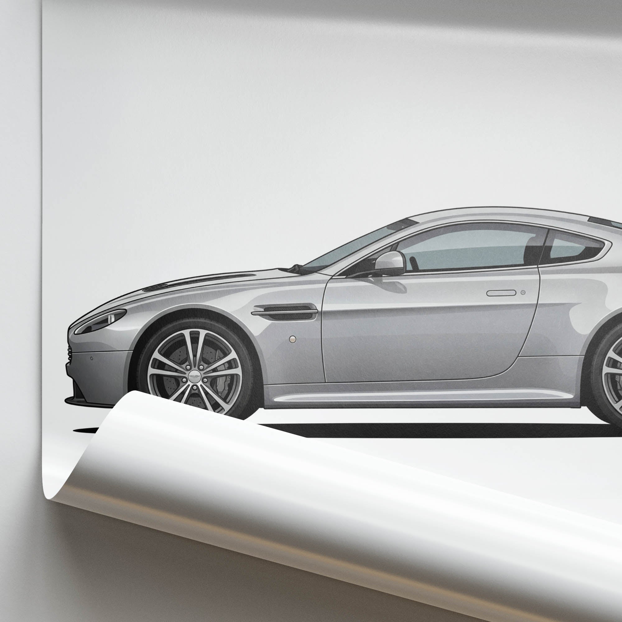 Aston Martin V12 Vantage Silver Car Poster - 2009 Side View Sports Car Print