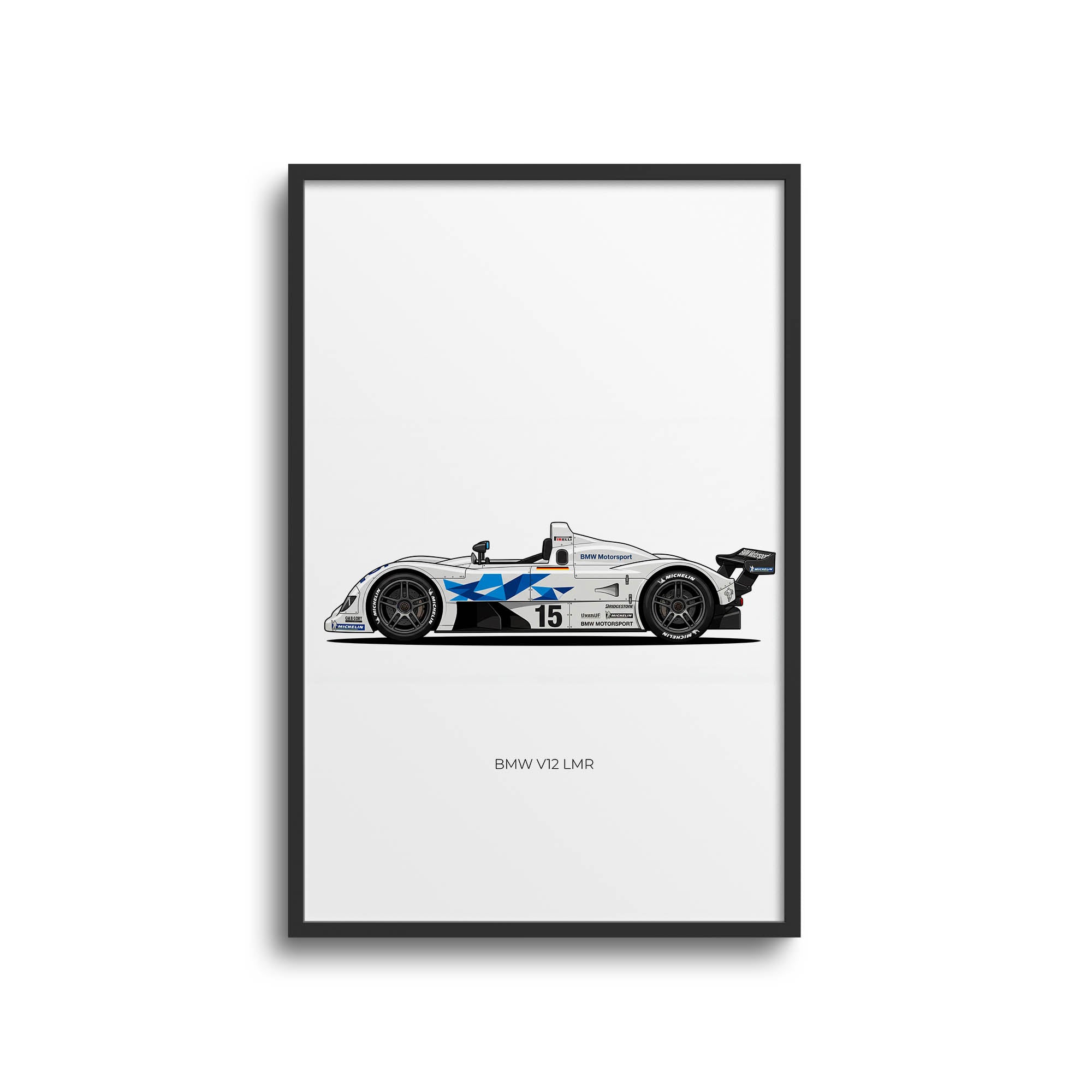 BMW V12 LMR Poster – 1999 White Race Car Print with Blue Geometric Livery