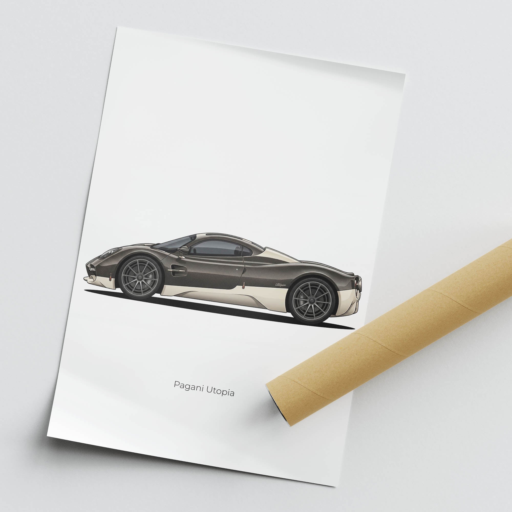 Pagani Utopia Poster – 2023 Luxury Car Print | Unpainted Carbon & Cream Side View