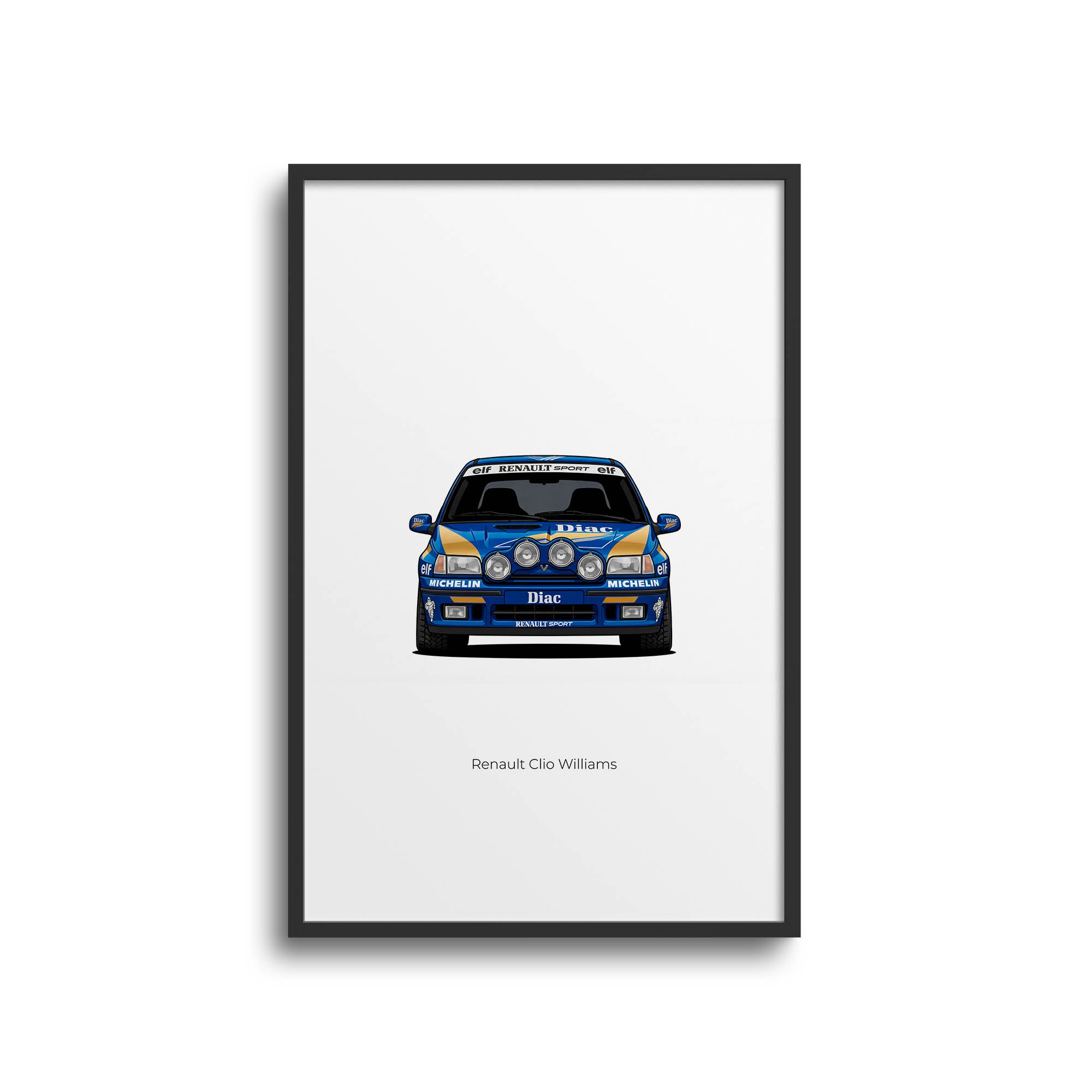 Renault Clio Williams Poster - 1993 Diac Blue Gold Livery Front View Print