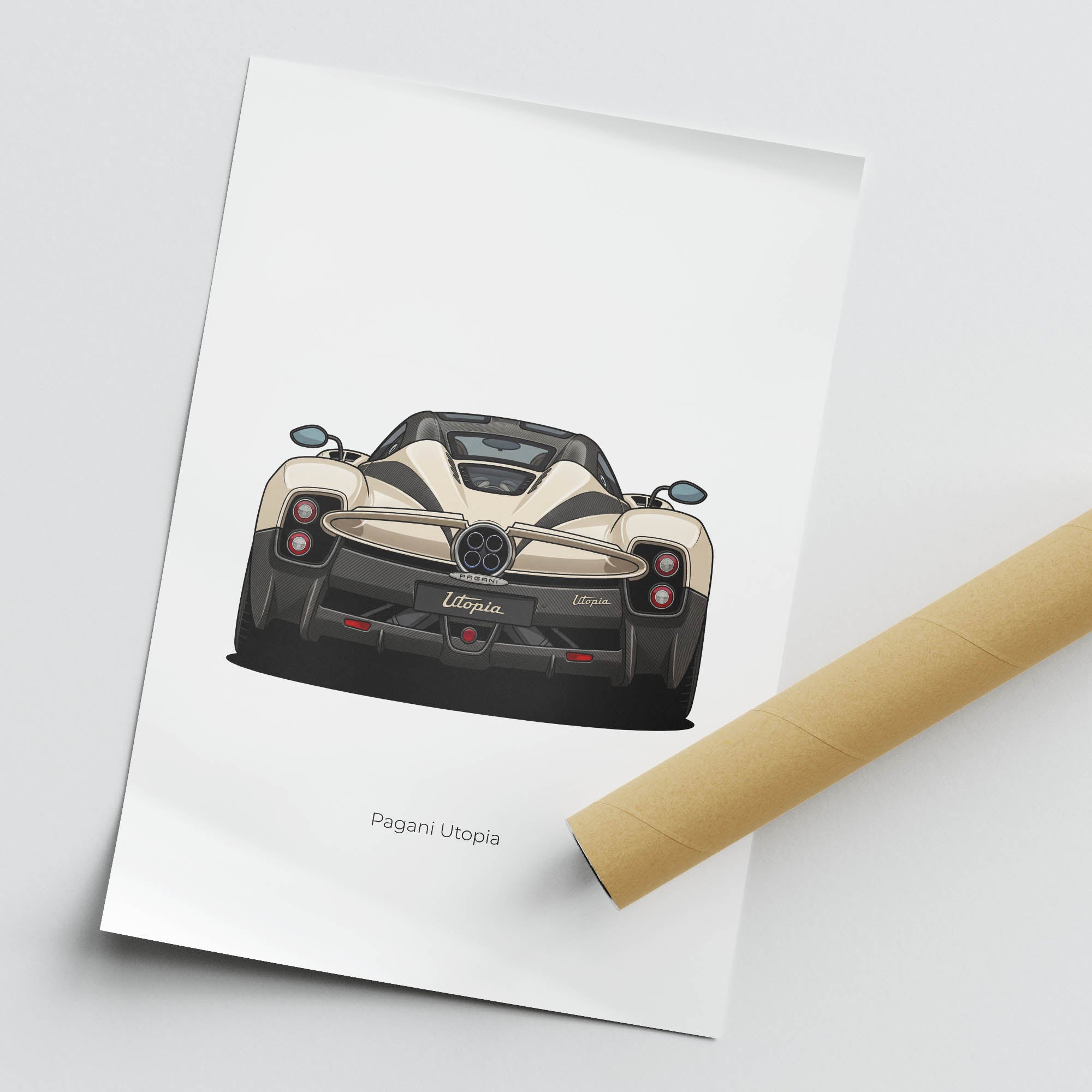 Pagani Utopia Poster – 2023 Supercar Print | Unpainted Carbon & Cream Back View