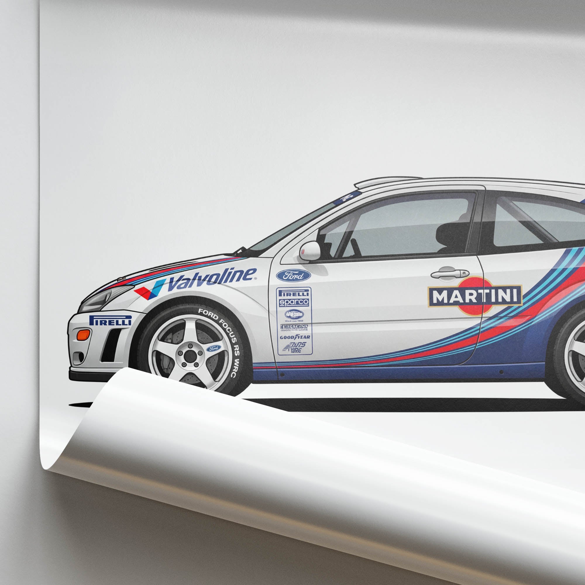 Ford Focus Poster – 1999 Martini Racing Print | Blue & White Livery Art