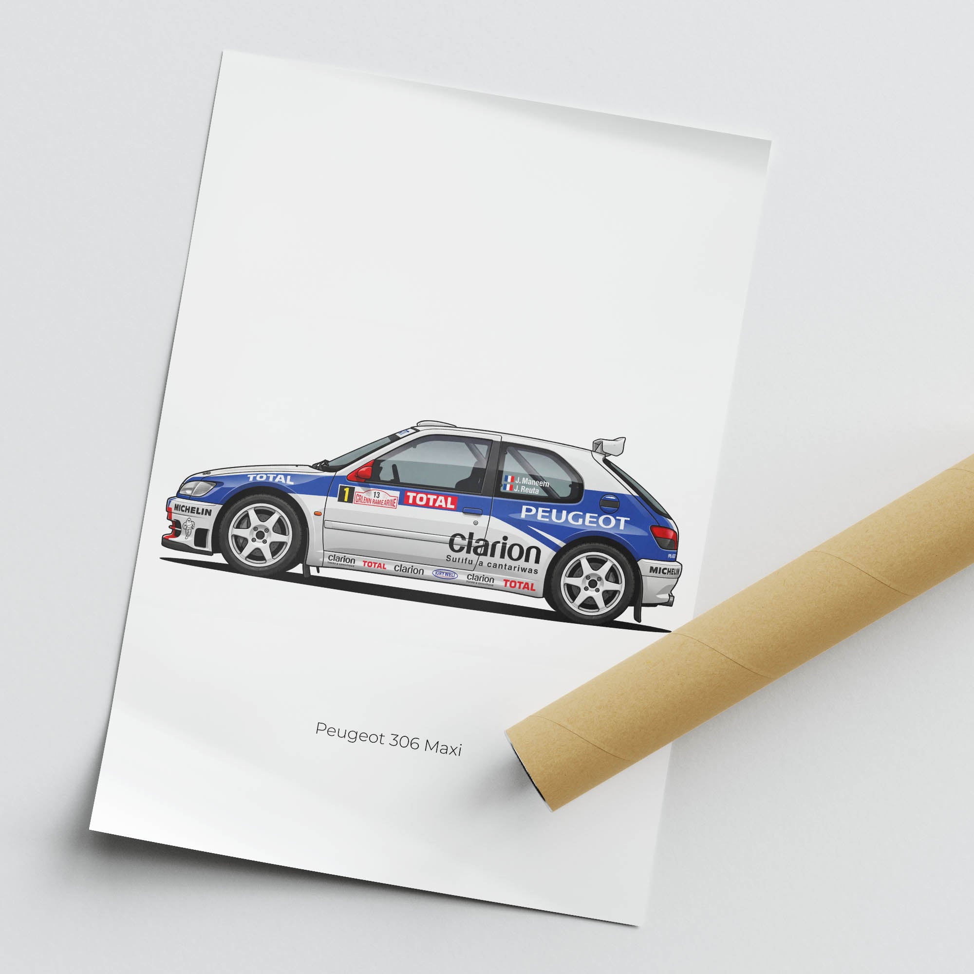 Peugeot 306 Maxi Poster – 1996 Rally Car Artwork With White Blue Livery Print