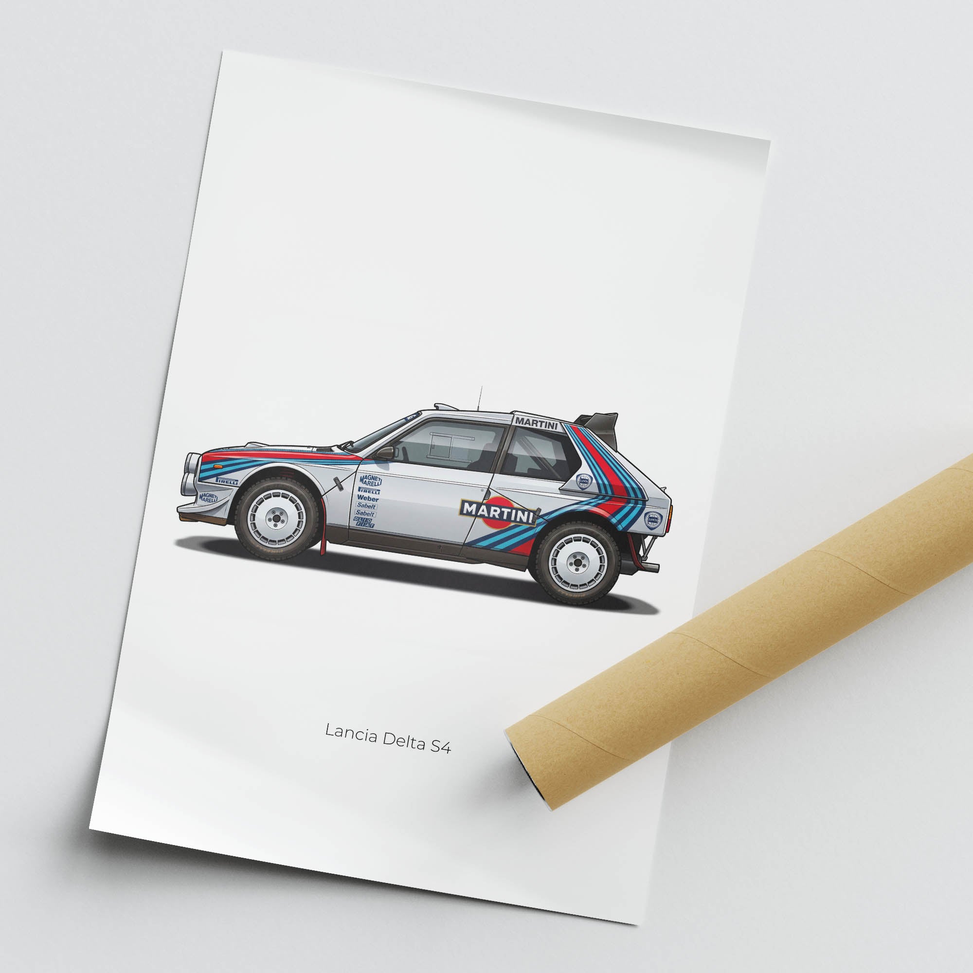 Lancia Delta S4 Poster – 1986 Martini Racing White Stripes Livery Print