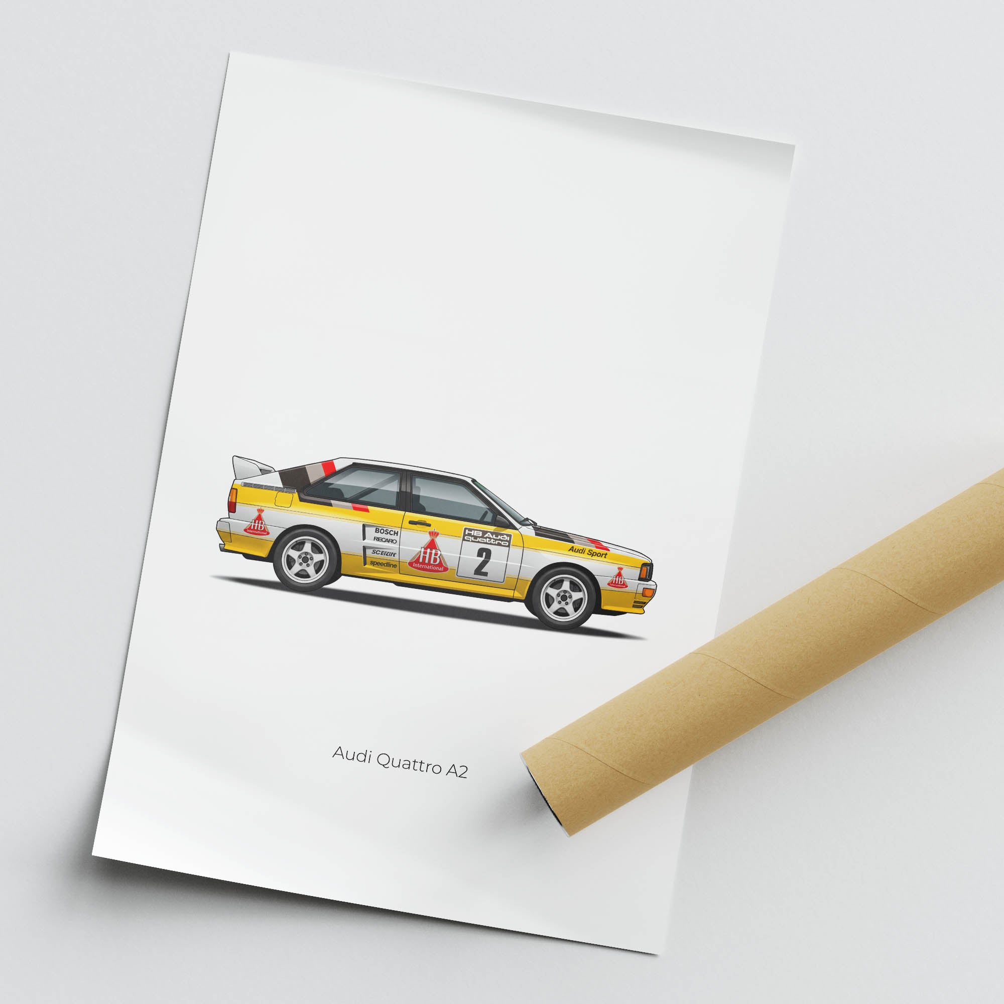 Audi Quattro Poster – 1984 Rally Car Side View | Yellow White Livery Print