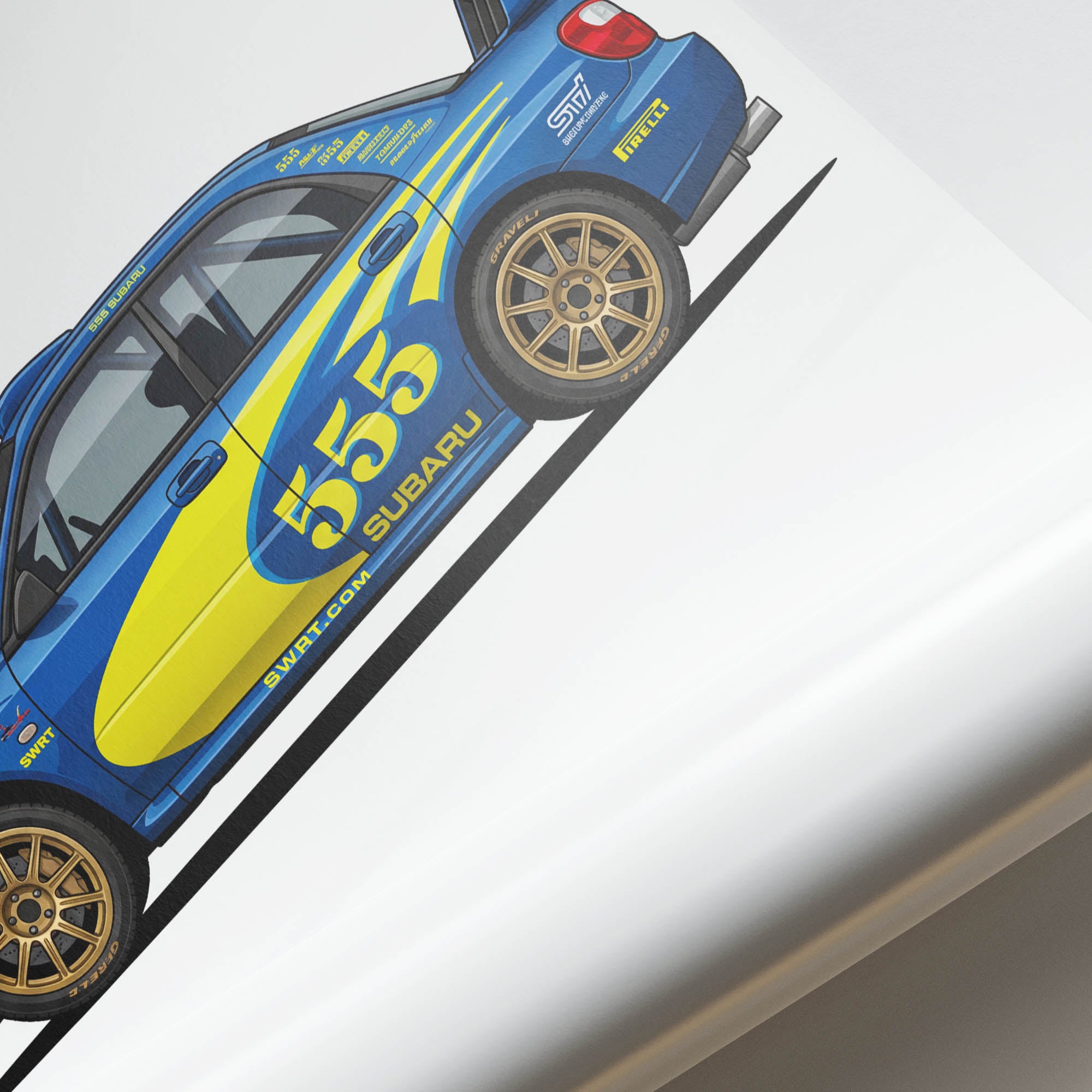 Subaru Impreza Poster – 2003 WRC Car Artwork With Blue Yellow Livery Side View