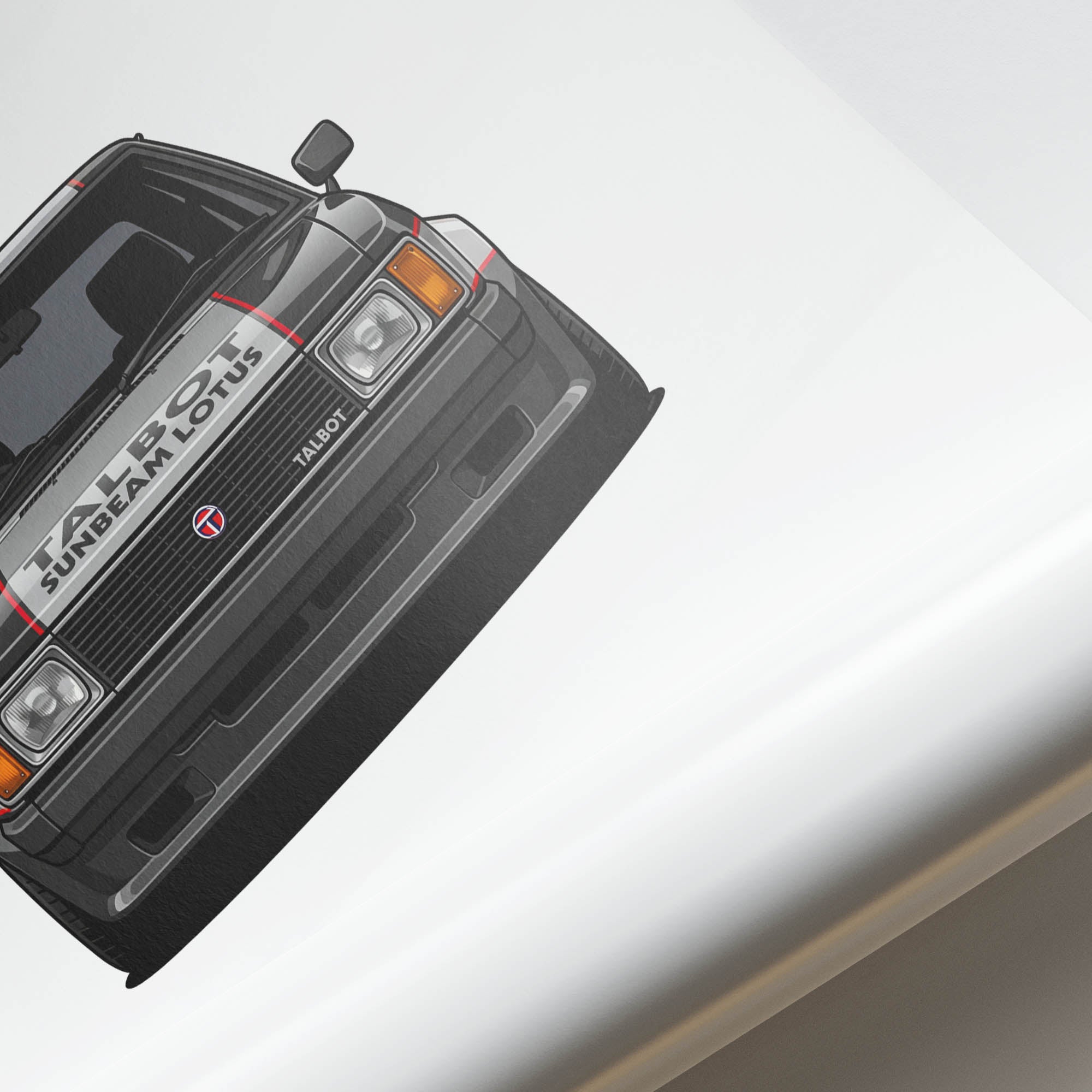 Talbot Sunbeam Lotus Poster - 1981 Classic Car Print | Black Silver Livery Front View