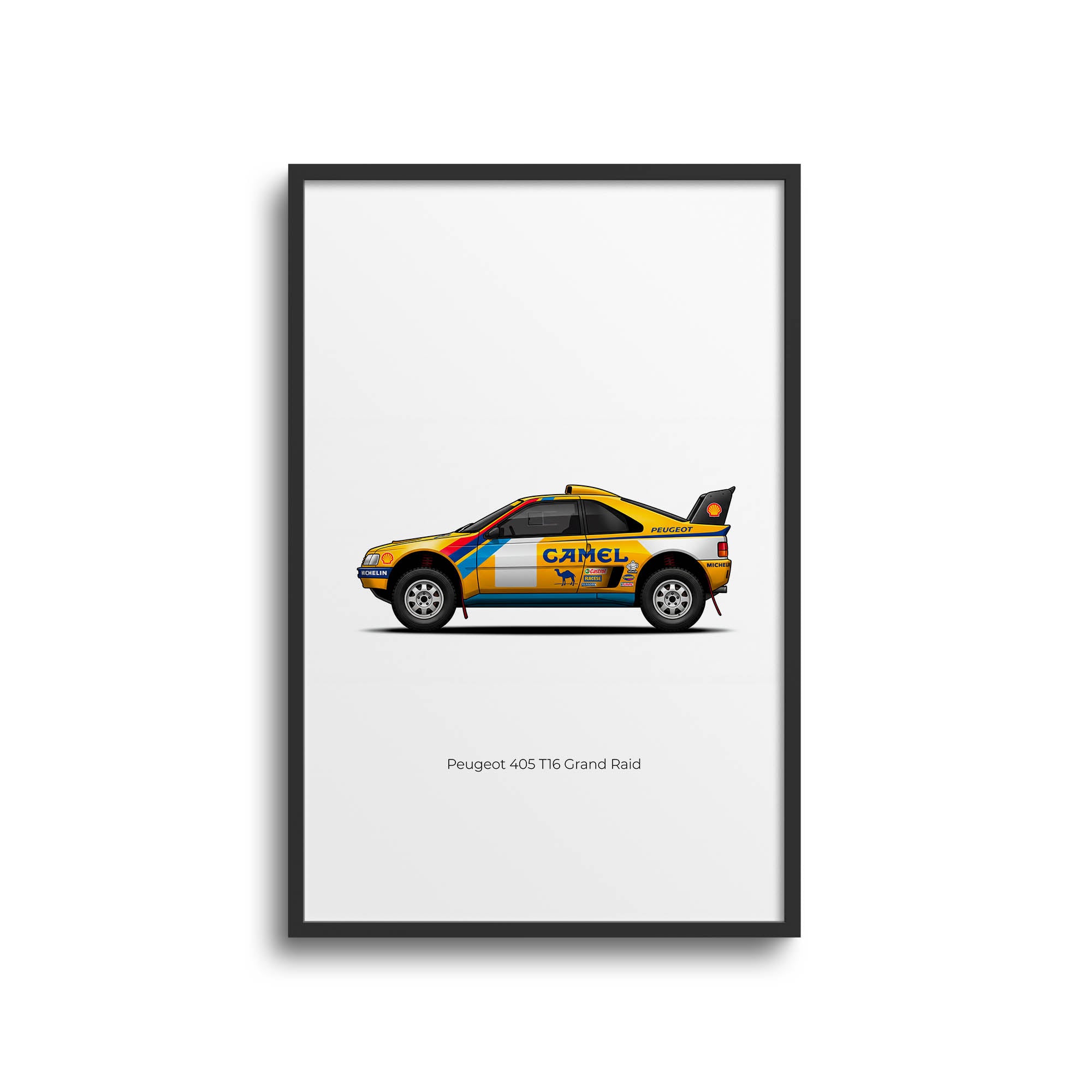 Peugeot 405 T16 Poster - 1990 Dakar Rally Ari Vatanen Camel Yellow Livery Print