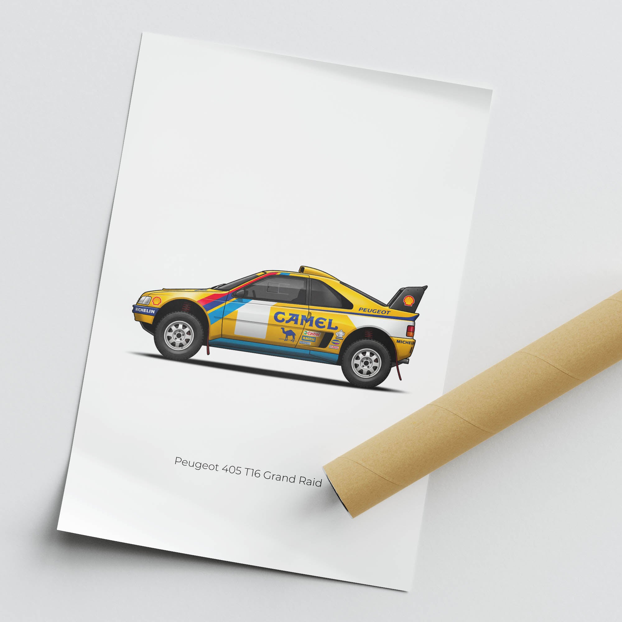 Peugeot 405 T16 Poster - 1990 Dakar Rally Ari Vatanen Camel Yellow Livery Print