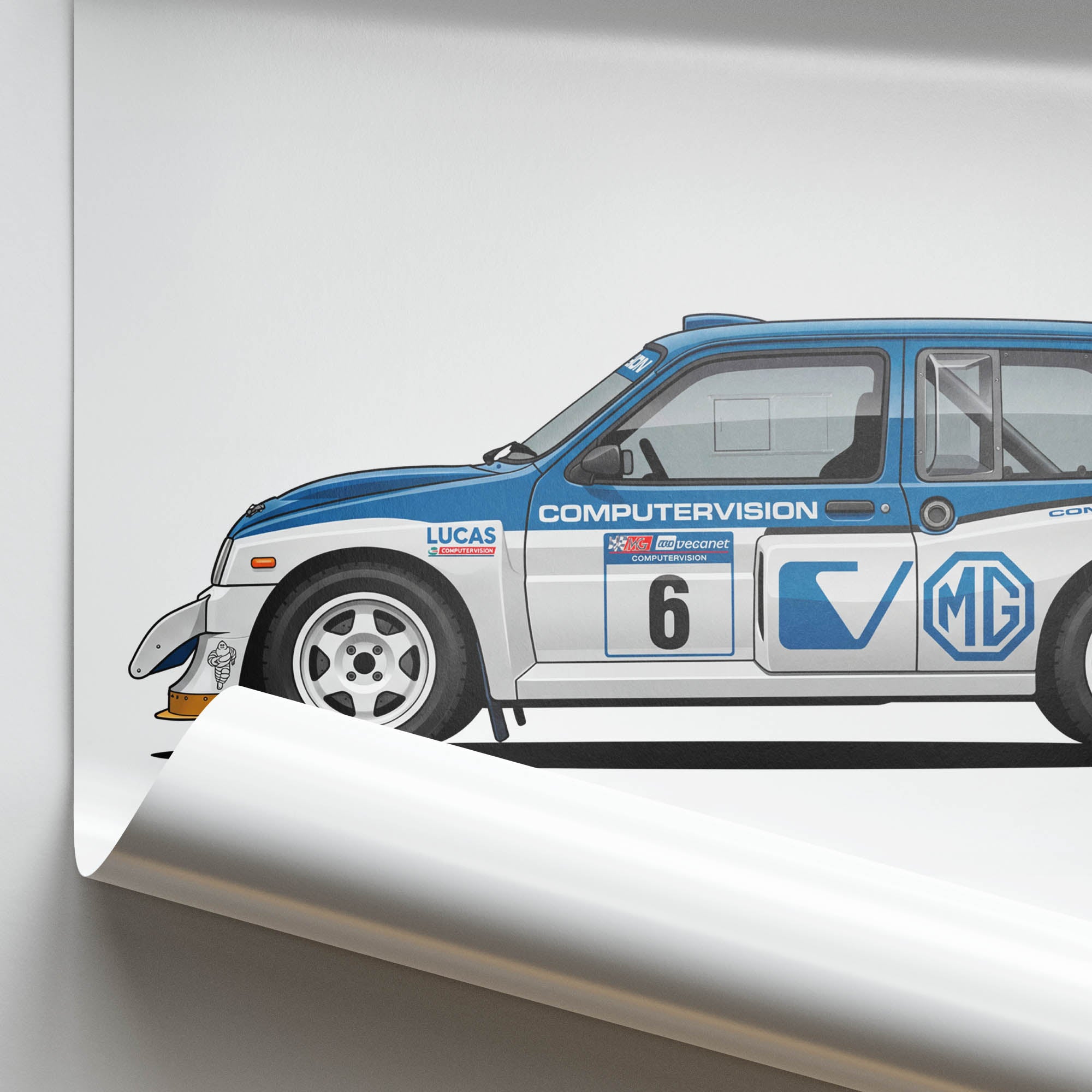 MG Metro 6R4 Poster – 1986 Rally Car Side View With Computervision White Blue Livery