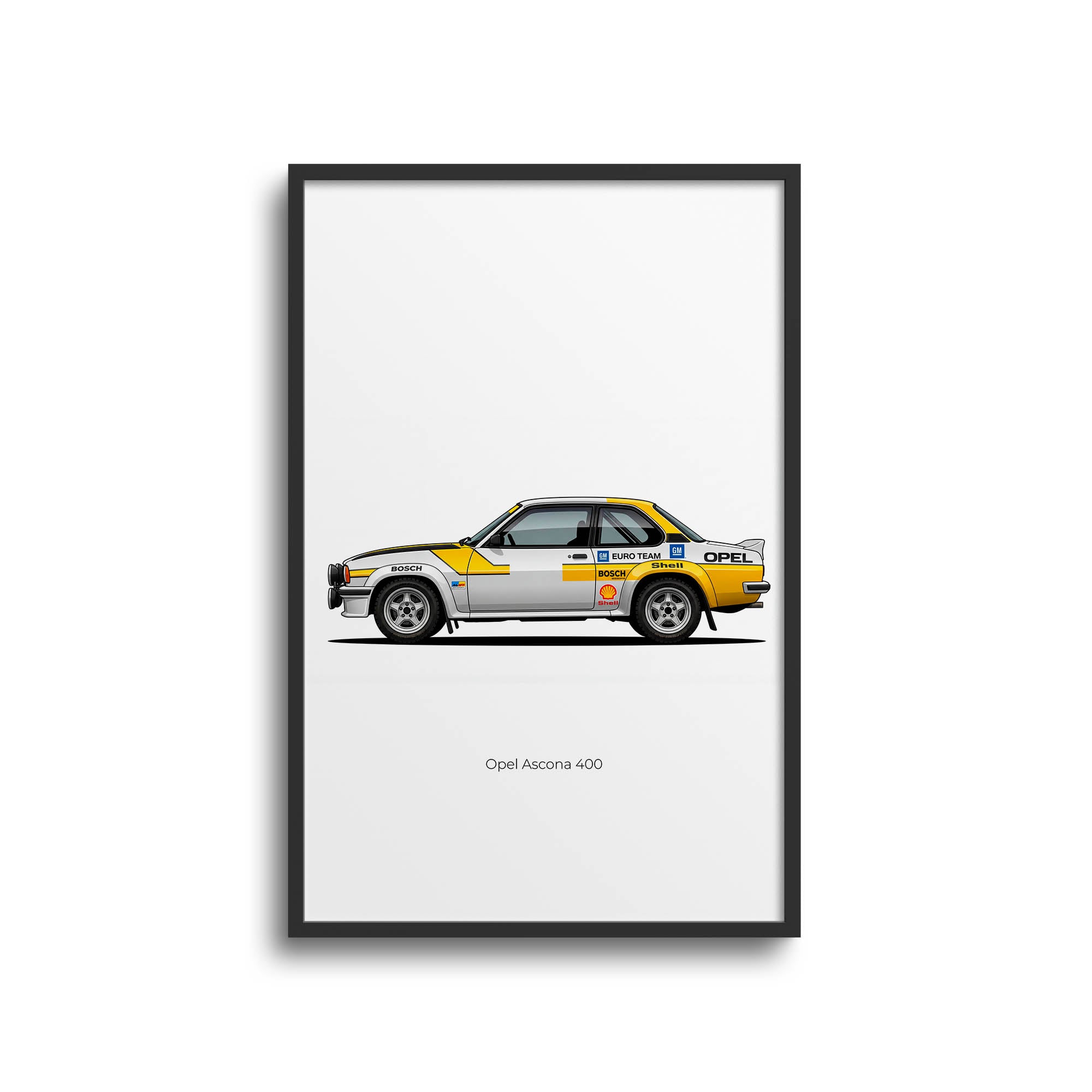 Opel Ascona Poster – 1982 Rally Car White Yellow Livery Vintage Motorsport Print