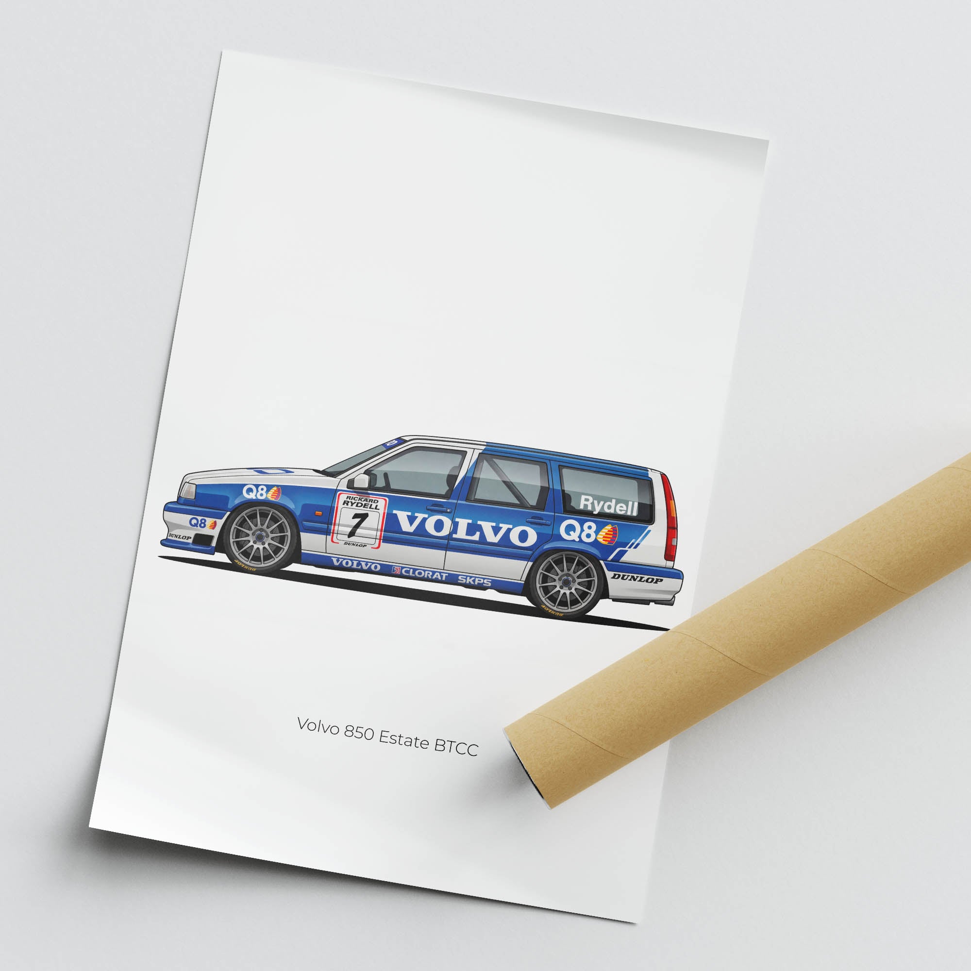 Volvo 850 Estate Poster – 1994 BTCC Race Car Side View With White Blue Livery
