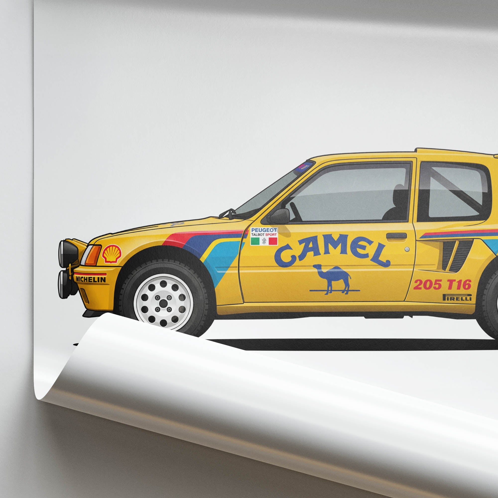 Peugeot 205 T16 Poster - 1987 Dakar Rally Car Wall Art | Camel Yellow Livery