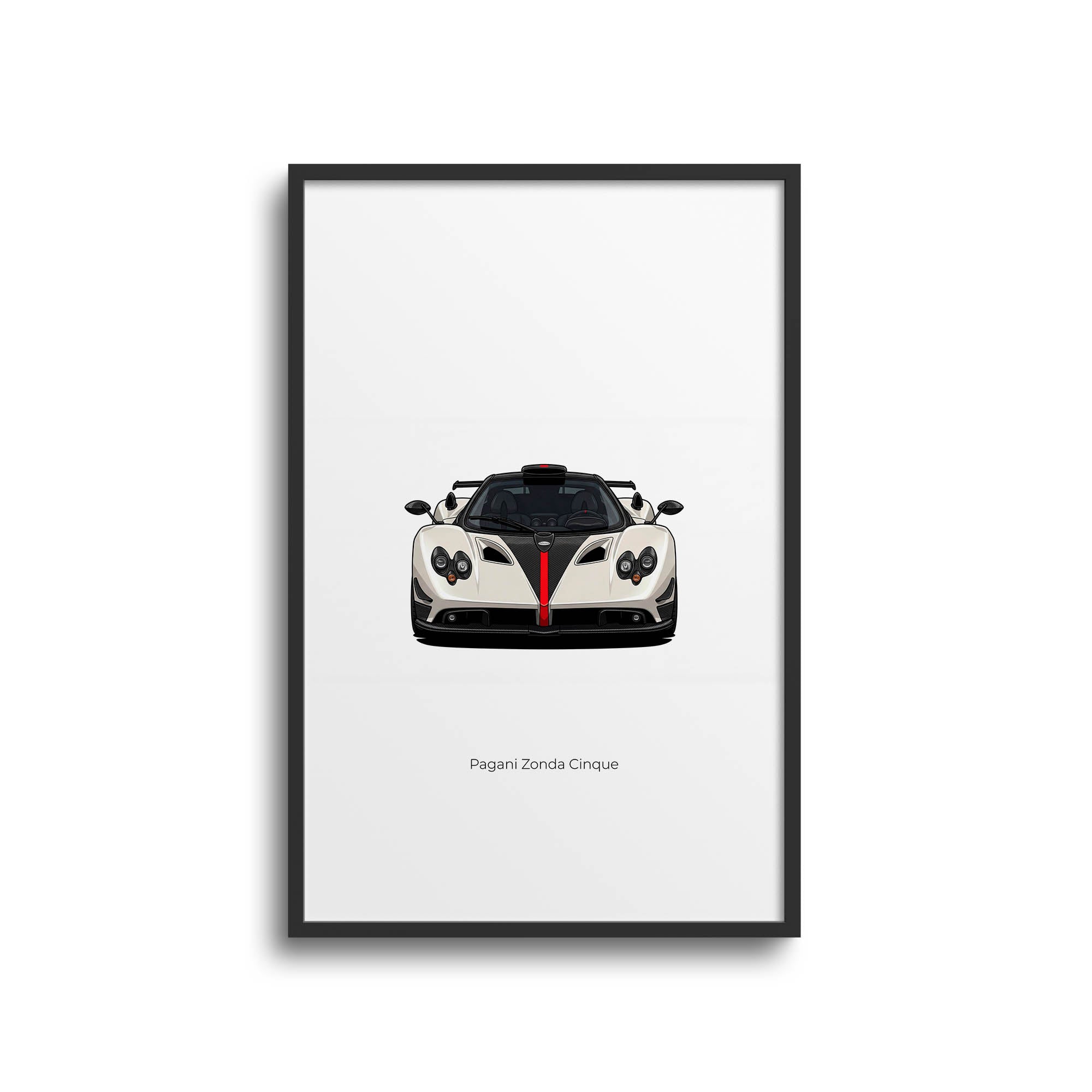 Pagani Zonda Cinque Exotic Car Poster – 2009 White Supercar With Red Stripe Design
