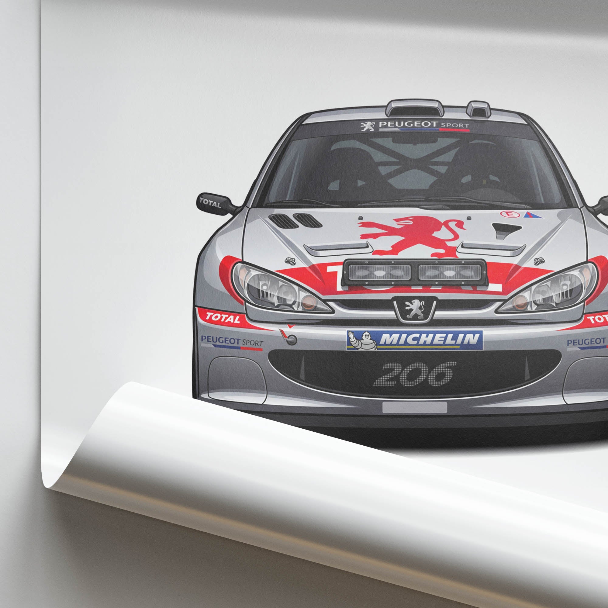 Peugeot 206 Poster - 2002 Silver Car Wall Art With Red Lion Livery Print