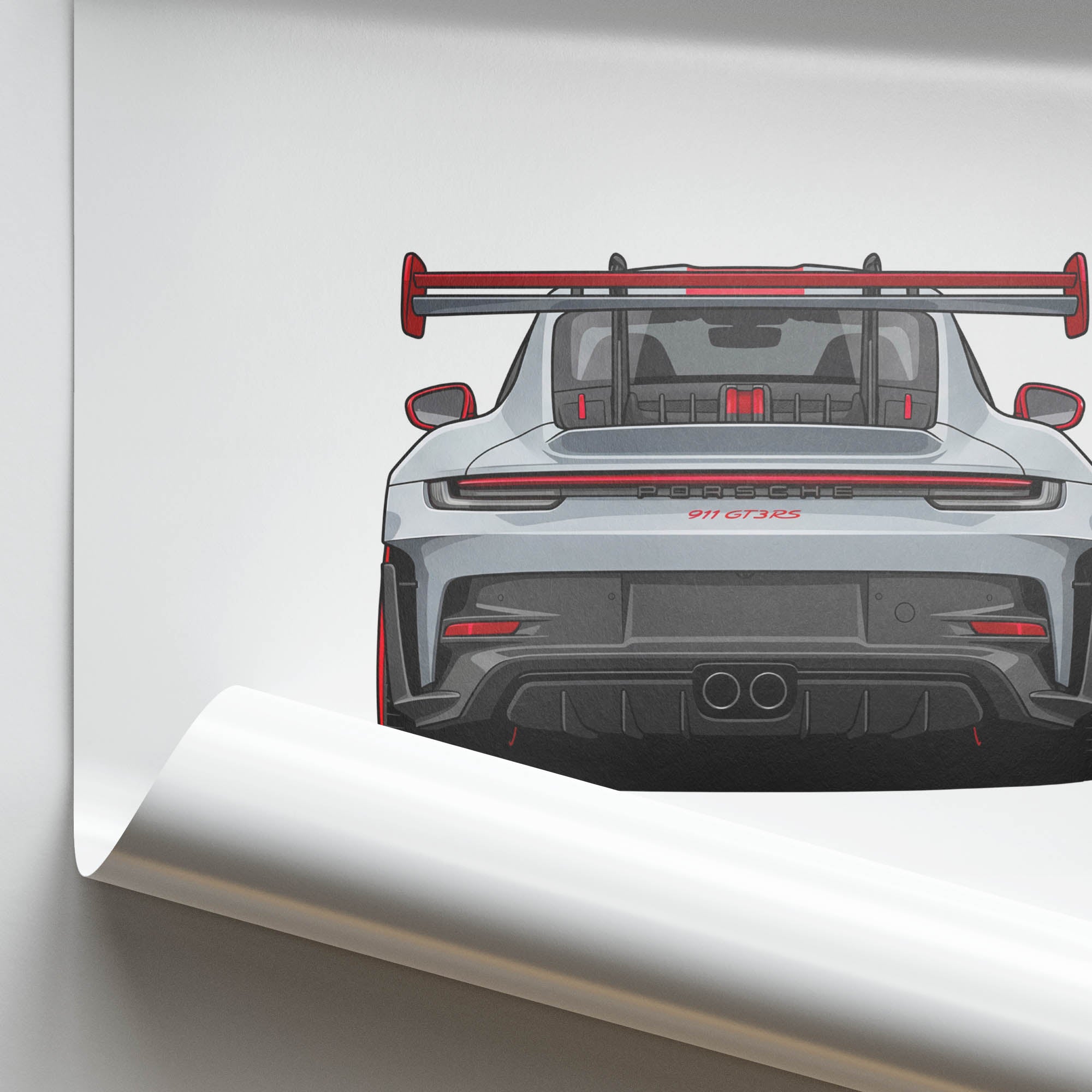 2023 Porsche 911 Gt3 Rs 992 Ice Grey Metallic With Pyro Red Accents Back View Poster