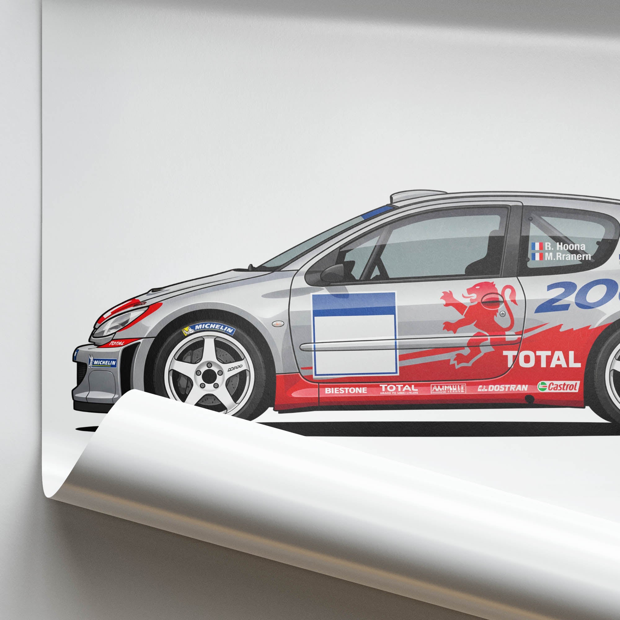 Peugeot 206 Poster – 2002 Silver Rally Car Print With Red Lion Livery Art
