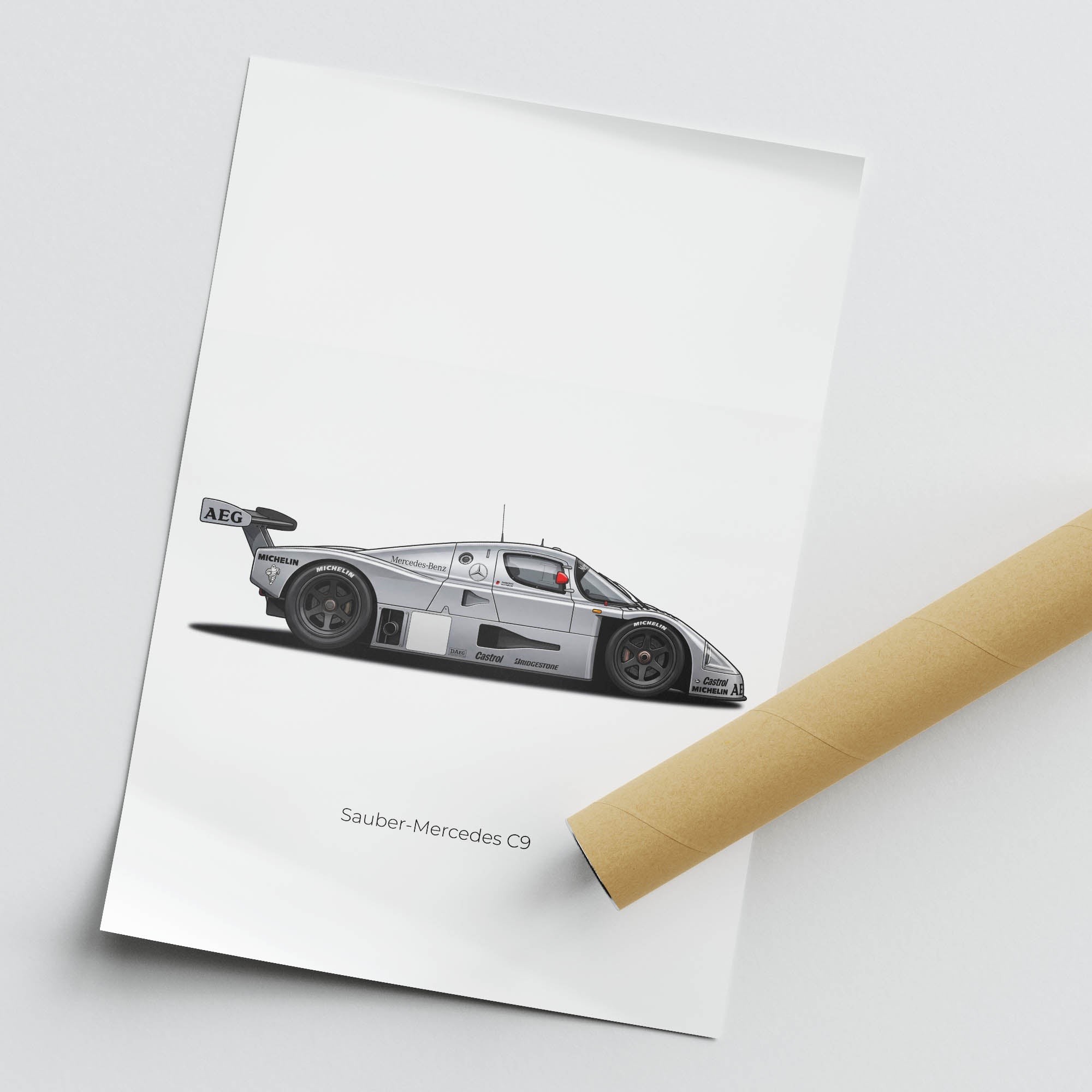 Sauber Mercedes C9 Poster – 1989 Silver Arrow Print | Classic Racing Wall Art